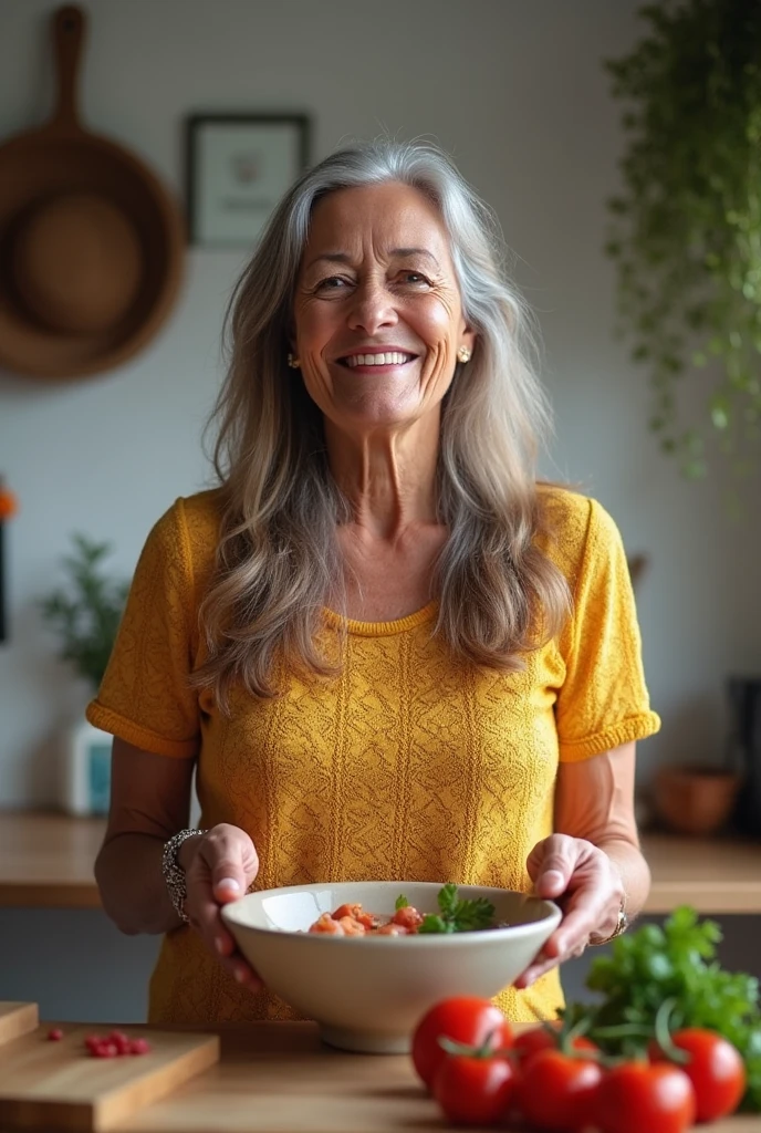 67-year-old lady of Mexican nationality, which is hippie and bohemian, and does yoga, makes his breakfast vegetarian