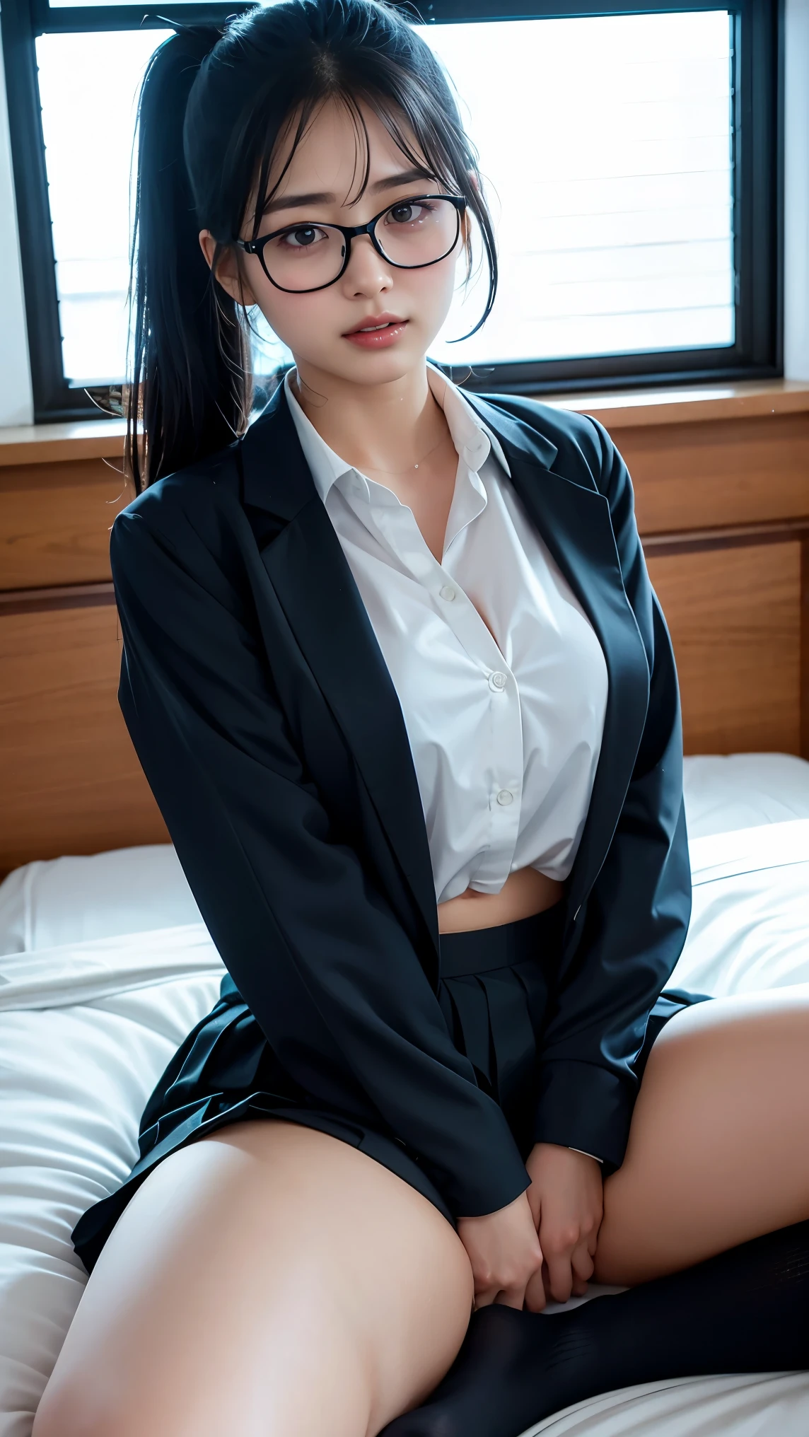 A girl in a her room, 1 girl, 独奏, from side, hugging own legs, Sitting with legs crossed、仕事から帰宅して自分の部屋でsuitを着たまま両膝を抱えて座りながらグラスのビール片手に物思いにふける23歳日本人女性、BeautyOL, Tight Skirt、Thigh-length see-through dark blue socks、suit、With the jacket on、The top three buttons of the shirt are undone、