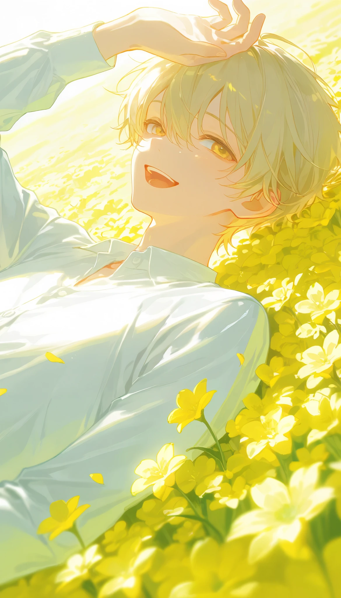(1 man with short blond hair:1.4),((Yellow flower field:1.4))、 the petals dance、 white shirt、Sunshine、 is bursting out laughing