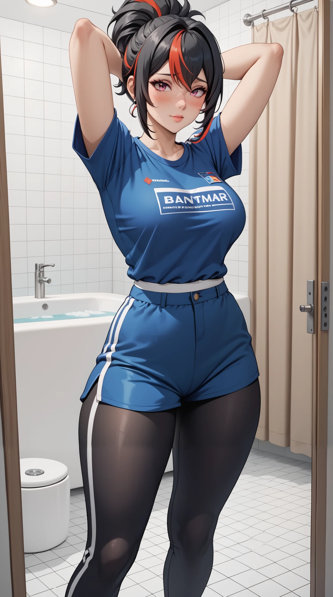 Masterpiece , extreme detail , 4K, Alone, 1 girl, mature, Zhuyuan , fullbody, proposional body ,slim body, sexy posture , big babe , both hands touching cheek, streaked ponytail hair, anxious face , blushing cheeks , front view, black tight t-shirt,short pants , bersandar, arms behind head, bath room
