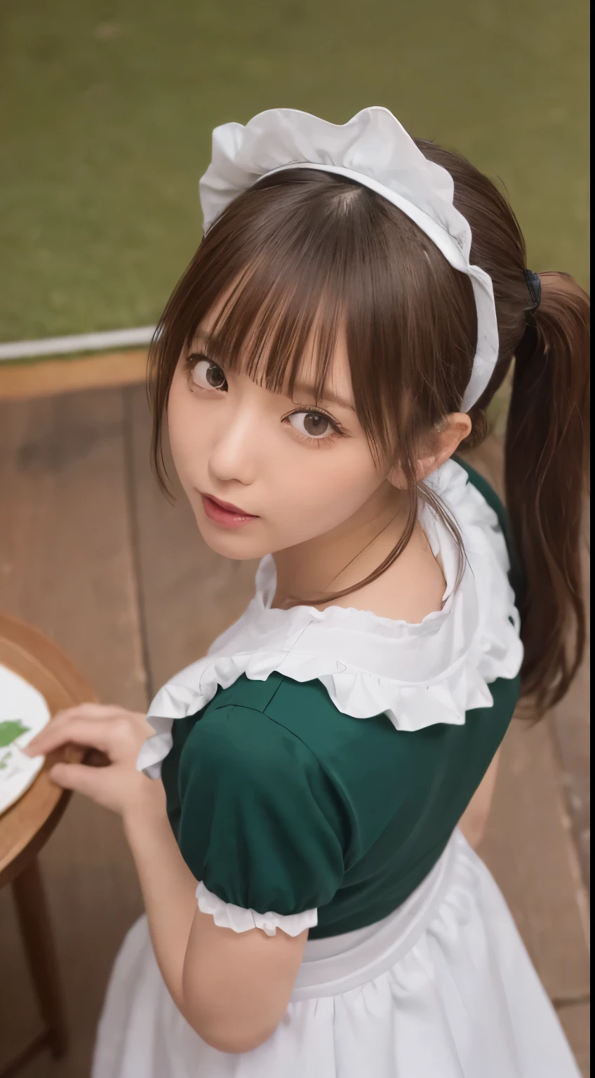 Tabletop, highest quality, shape, Very detailed, In detail, High resolution, 8k wallpaper, Perfect dynamic composition, ((close:1.3, From above, View your audience)), Beautiful details , (Wearing cotton maid clothes, , Cute Ruffle Girl Dress, Maid's headband, Base color is white、black、green),Twin tails((nsfw:1.5))((bukkake:1.5))