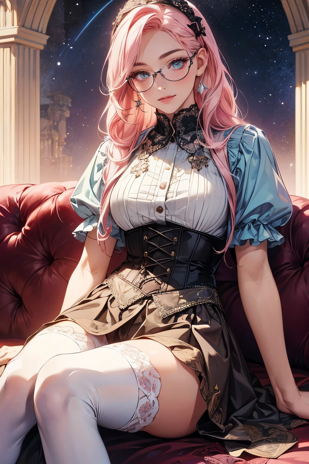 Young girl sitting cross-legged on a model of a pentagram, smile, ultra detailliert, Beautiful body, Beautiful face, High quality, Good anatomy, Glasses, ( Striped Lace Stockings ),( Add Strong Highlights to the Eyes ), ( beautiful and aesthetic :1.2), ( perfect female body), ( Soft Body Lines), Young girl, cute, kawaii, big eyes, Star pattern on pupil, shaped pupil, light pink colored hair, light-blue pupils, Sweet girl with pure white, full body, full shot, Gothic ta Hairband, hairclips, beautiful detailed eyes, beautiful detailed lips, long eyelashes, detailed clothing, stunning celestial background, glowing meteor, vibrant colors, cinematic lighting, ( best quality, 4k, 8k, highres, masterpiece:1.2), ultra-detailed, (realistic, photorealistic, photo-realistic:1.37),
