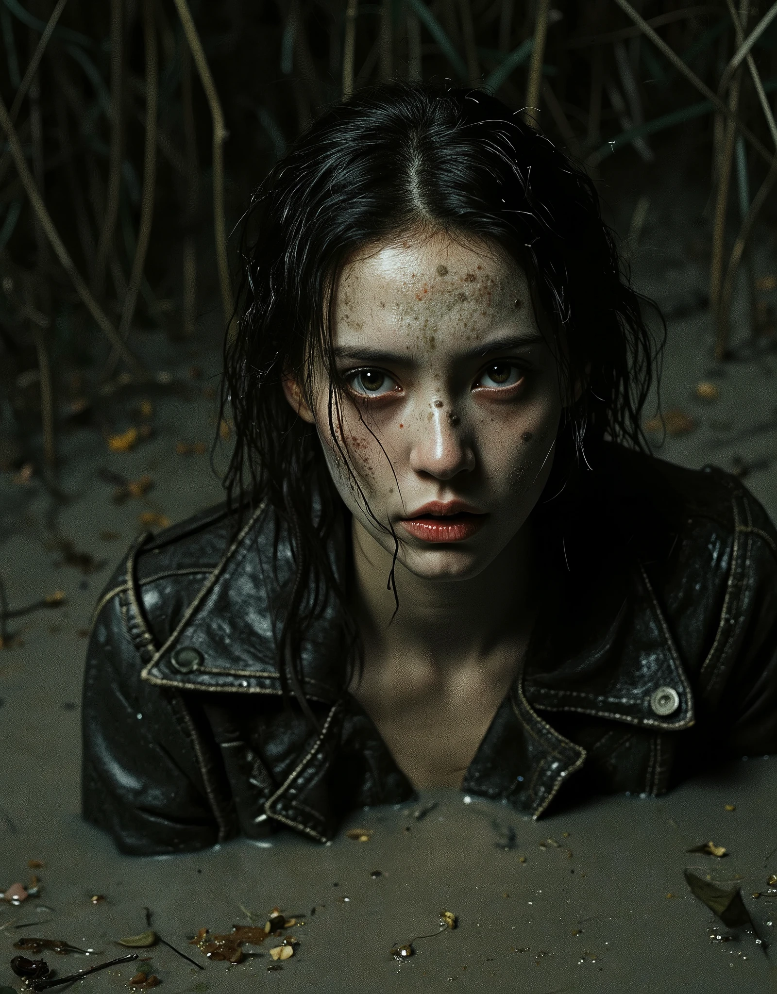 ultra-detailed, fatal symbolism composition, masterpiece, vintage illustration card setting, surreal, emotional crisis expression, black night light  ,wet dripping exhausted trembling plain-looking ugly botox botox botox dirty mature moody vibe kinky woman drowning in mud bog, gray sludge, duckweed reeds  ,  floral accents, , black background, leather faded tight dirty mud-covered jacket, freckles,  strong bags under languishing eyes, heavy breath, bold provocative slutty make-up, messy dirty sludge-covered body