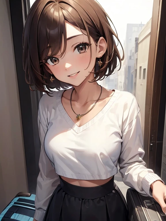 (masterpiece, best quality:1.4), 8k, Close Up, Brunette Short Hair, Messy Hair, Young adult, anime girl, Smiling, Happy, light Brown Eyes, Medium chest, White Crop top, Necklace, Black Sweater, (detailed eyes and face, sharp pupils, realistic pupils:0.6)