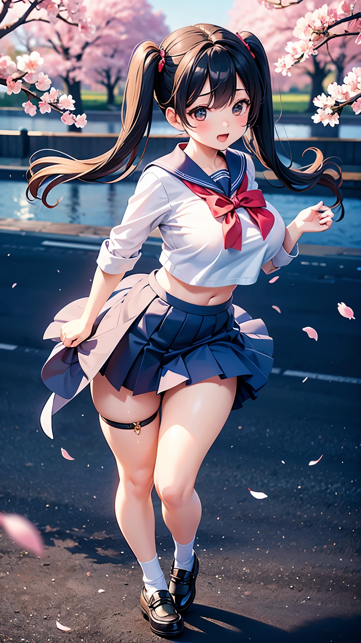 (( best quality )), ((Masterpiece)), (Details), full body shot,Taken from Ground Height ,Low angle shooting,1 girl,sexy,Baby Face,navy blue sailor suit,navy blue car pleated miniskirt, The wind blew up her skirt up, exposing her pussy,Big breasts bursting from the sailor suit,belly button out, Black hair twin tails,On the way home from school,Dancing Girl,A skirt fluttering in the spring breeze,Panty shot,Cherry blossom trees along the river,Cherry blossoms falling like snow