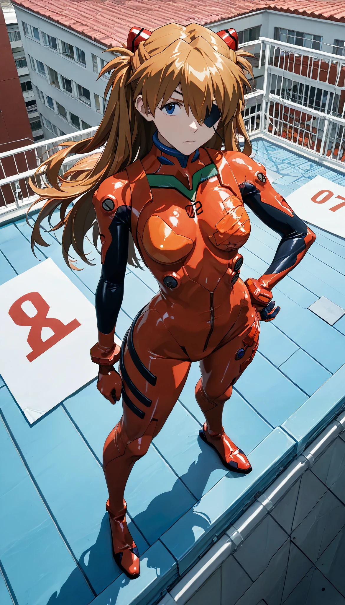 masterpiece , envelopes, very aesthetic ,Asuka Langley, cabello naranja , eyes looking at the viewer,red, very tight plastic suit , school roof , bird's eye view,standing, very expressive , toned thighs ,epic poses,