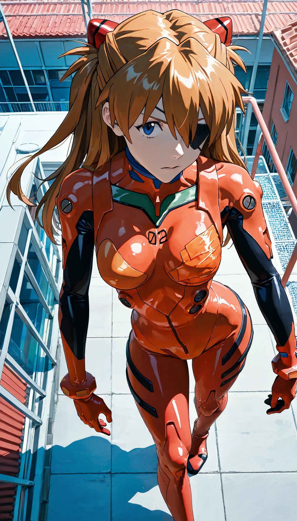 masterpiece , Better Quality, very aesthetic ,Asuka Langley, cabello naranja , eyes looking at the viewer,red, very tight plastic suit , school roof , bird's eye view,standing, very expressive , toned thighs ,epic poses,