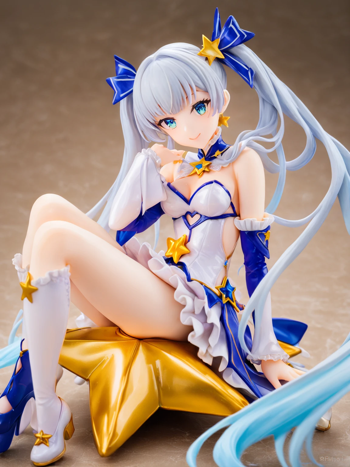 (masterpiece, best quality, very aesthetic, absurd), (8k, RAW photo, best quality), 
beautiful face, beautiful eyes, natural make-up, smile, 

1girl, PVC figure, adult woman, (sitting on a golden star-shaped large object), long flowing silver hair, twin tails, magical girl outfit, frilly blue and white dress, star-shaped accessories, dynamic angles,

professional PVC figure photography, highly detailed, 