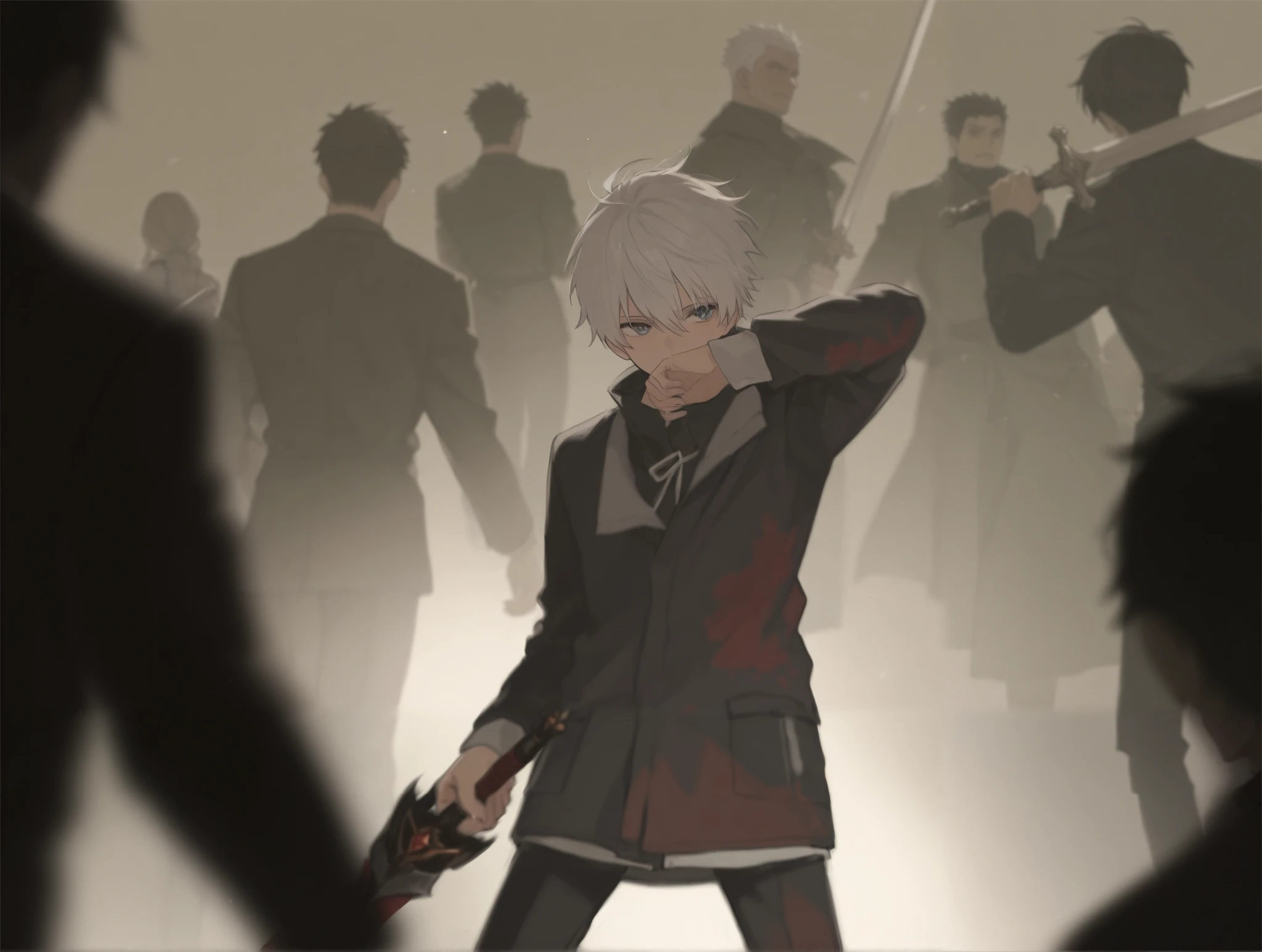 A white-haired man in his 20s fighting with a sword