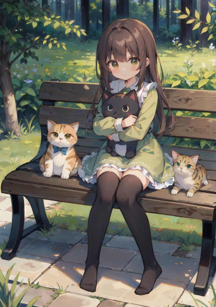 ((masterpiece:1.4, best quality)), ((masterpiece, best quality)),girl sitting on bench, long brown hair, green dress, cute, no shoes, long socks, long sleeves , full body, facing viewer, holding cat plush, thigh high socks, symmetrical