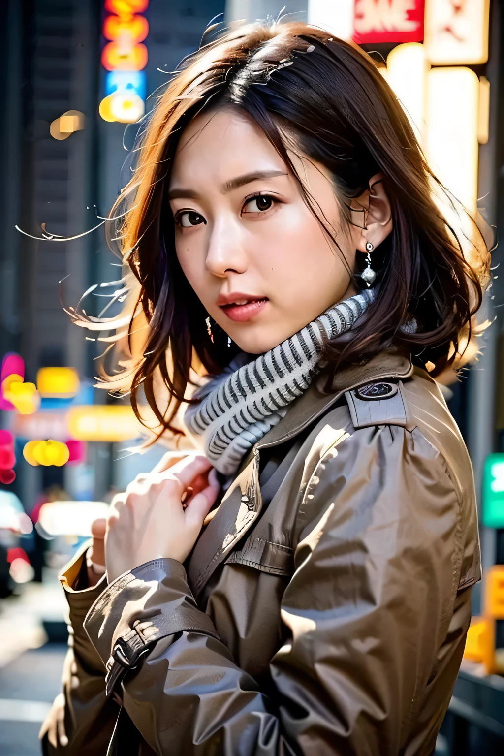 Best quality,masterpiece,ultra high res,photorealistic,1girl,slim body,japanese street alley,dynamic pose,face closeup,depth of field, <lora:evonne_hsu:1>