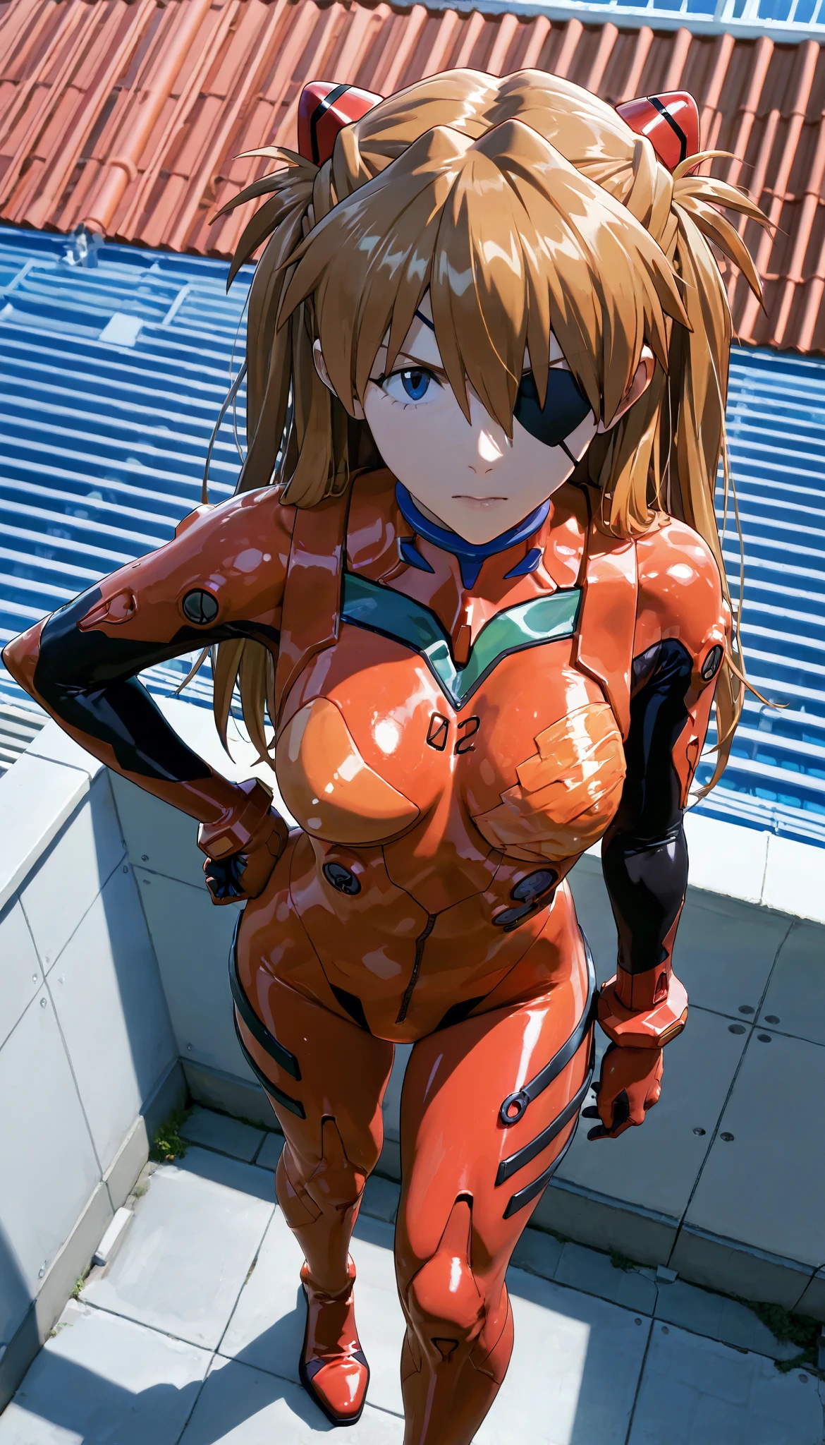 masterpiece , envelopes, very aesthetic ,Asuka Langley, cabello naranja , eyes looking at the viewer,red, very tight plastic suit , school roof , bird's eye view,standing, very expressive , toned thighs ,epic poses,