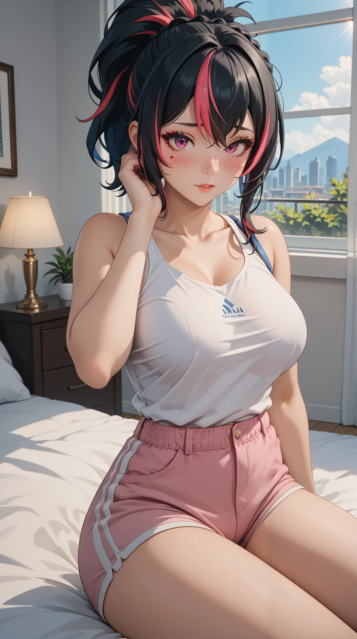 Masterpiece ,  extreme detail , 4K, solo, 1 girl, Zhuyuan ,beauty face, white skin body, fullbody,slim body,  sexy posture , big breasts , hands touching cheek, streaked ponytail hair, anxious face , blushing cheeks , front view, pink short pants, white tanktop, sit on the bed, sunlight on the windows, photograph, cowboy shoot