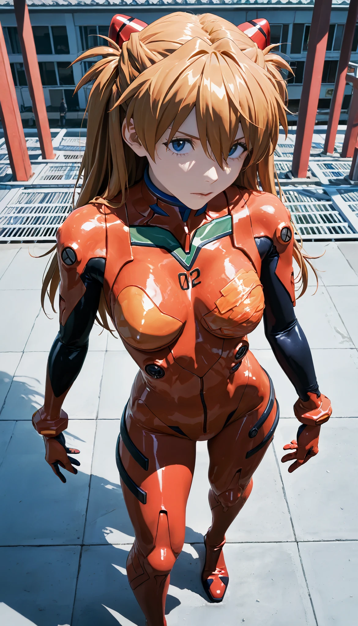 masterpiece , Better Quality, very aesthetic ,Asuka Langley, cabello naranja , eyes looking at the viewer,red, very tight plastic suit , school roof , bird's eye view,standing, very expressive , toned thighs ,epic poses,sexy