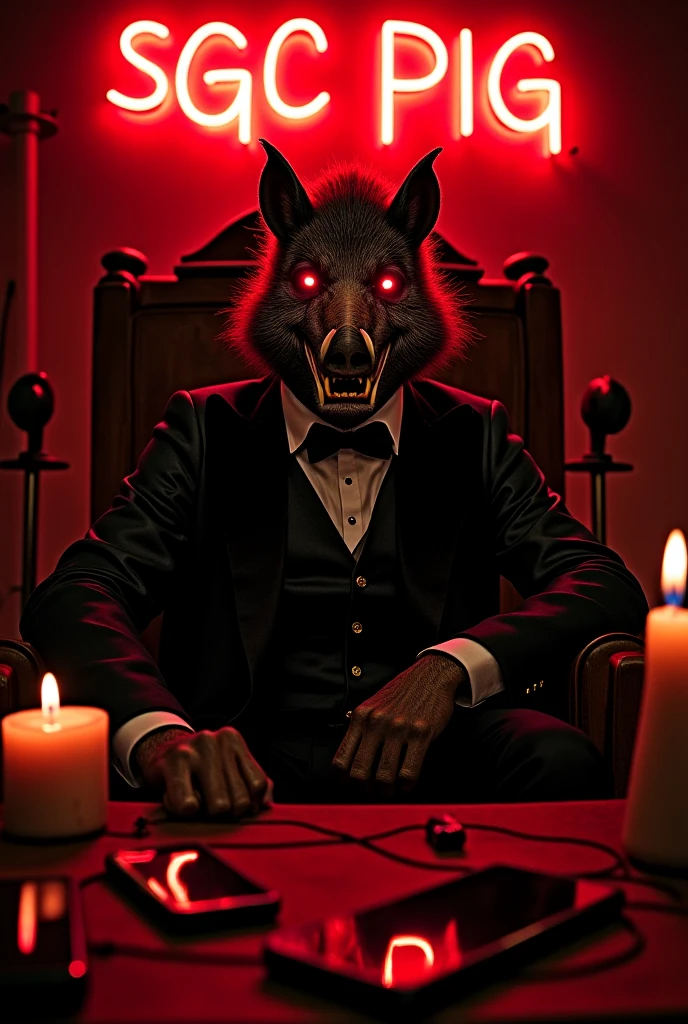 a character from horror stories, a full-body black humanoid rabbit, a frightening appearance straight out of the worst nightmares, with terrible glowing red eyes and sharp teeth, wearing a black vest, bow tie and top hat, emerging from within the frame of a large mirror. full body, in a dungeon