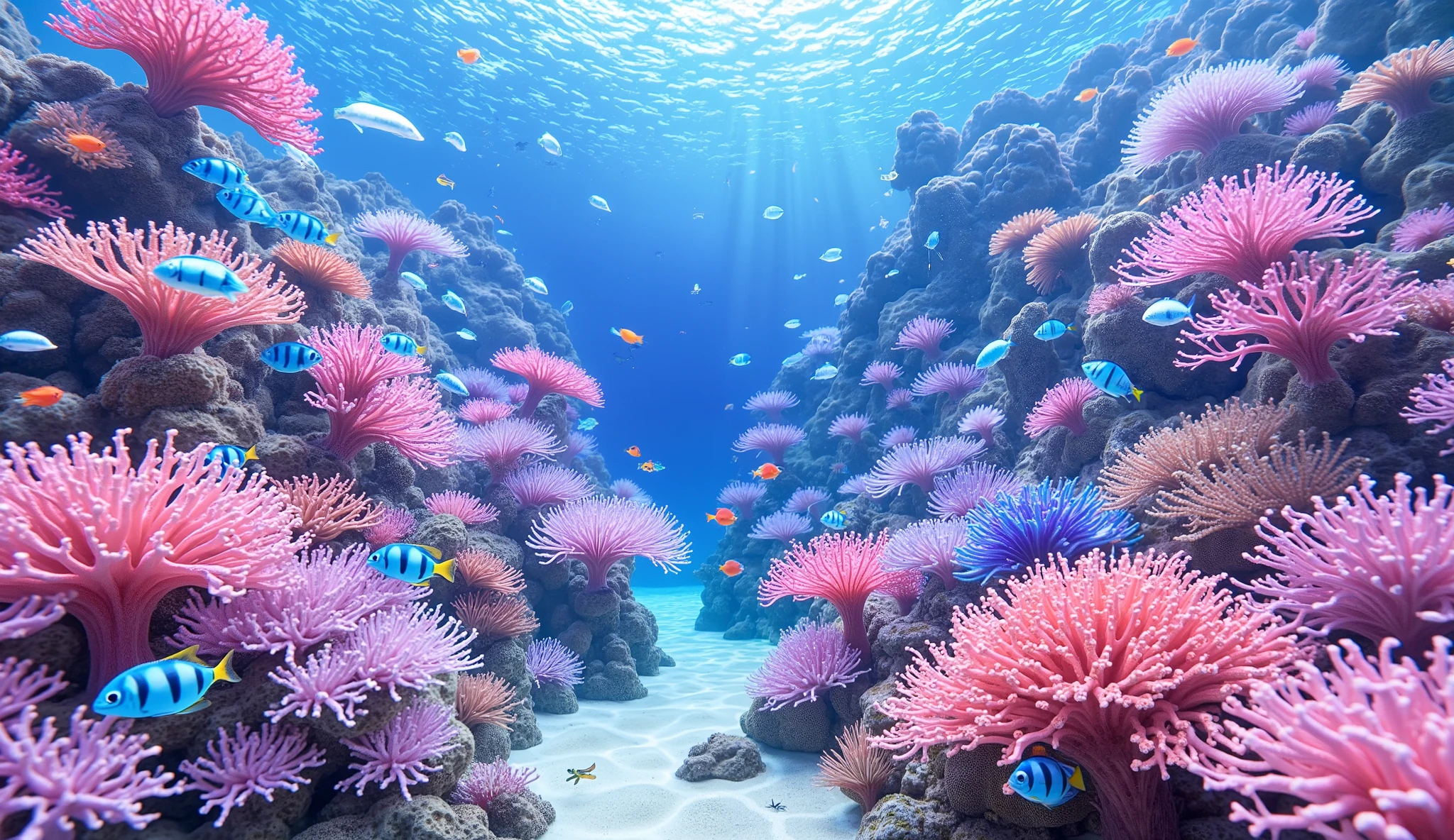 (In the water), (( detailed colors in the center vivid red, orange, purple, blue, and green coral reefs)) , (( lots of highly colored natural １００Individual coral groups )),  crystal clear water, , strong sunshine ,Vast coral reefs ,Detailed seaweed ,( lots of colorful tropical fish),( myriad cobalt sparrows ), large blue tropical fish , spiny butterflyfish ,Hanadai-hsien, golden butterflies .Scallops , myriad cobalt sparrows , life,  lively colors, Serene atmosphere, Quiet, Swaying seaweed ,  array of vibrant colors ) , ( best quality , High Resolution :1.2), (In the water photography), ( lively), (  soft diffused lighting  )
