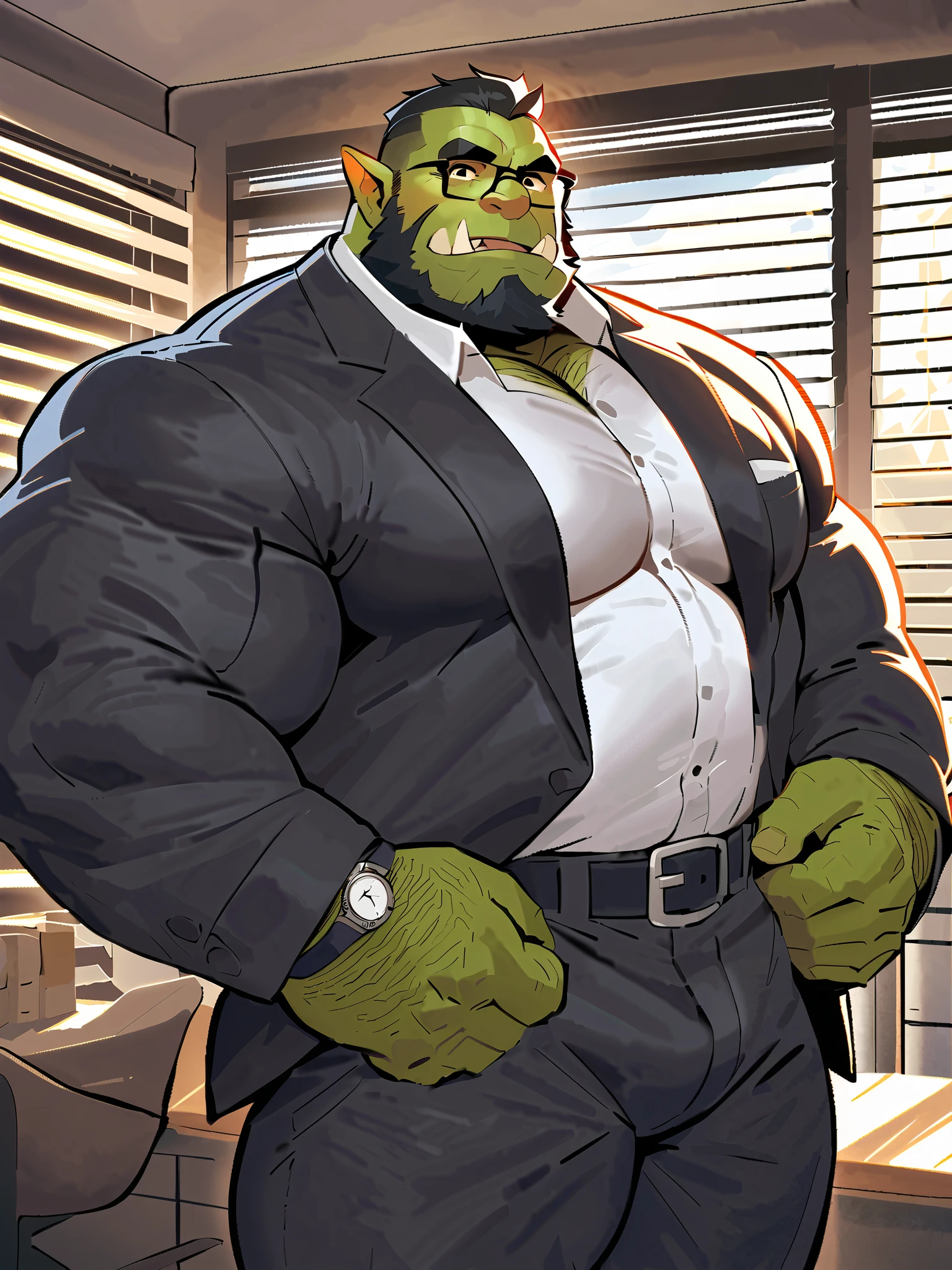 Green skinned bara orc, strong physique, very muscular with a belly, belly, alpha male, perfect anatomy, strong square jaw, masterpiece, black bushy beard, black eyes, thick black frame square glasses, lustful eyes looking at viewer, strong jaw, giant biceps, long sleeve white dress shirt, oversized loose fitting button shirt, military orc daddy, small belly, no six pack muscles, solo, in oversized office slacks, fully clothed, wide leather belt, red tie, oversized suit jacket, oversized fitting black suit, oversized suit jacket, watch on wrist, big muscle ass, great indoor lighting, hairy, king Orc, very manly, boss at work theme, office background, sun shining in from the office window blinds, playful expression, professional