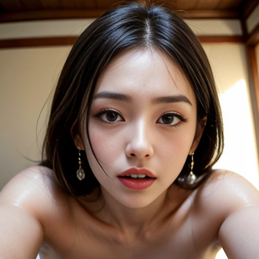 cute adorable naked girl, smiling, on the bed,  black hair, sweaty, hyper-realistic, detailed face, beautiful eyes, detailed lips, long eyelashes, gorgeous skin, amazing body, dynamic pose, natural lighting, golden hour, vibrant colors, masterpiece, high quality, 8k, ultra-detailed, photorealistic