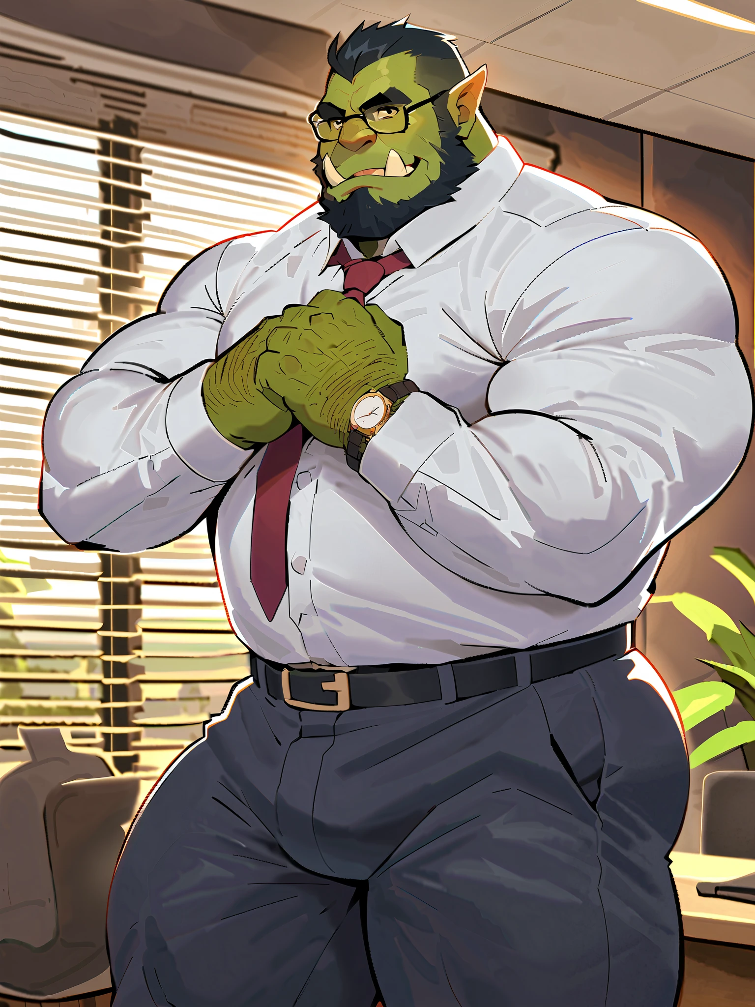 Green skinned bara orc, strong physique, very muscular with a belly, belly, alpha male, perfect anatomy, strong square jaw, masterpiece, black bushy beard, black eyes, thick black frame square glasses, lustful eyes looking at viewer, strong jaw, giant biceps, long sleeve white dress shirt, oversized loose fitting button shirt, military orc daddy, small belly, no six pack muscles, solo, in oversized office slacks, fully clothed, wide leather belt, red tie, oversized suit jacket, oversized fitting black suit, oversized suit jacket, watch on wrist, big muscle ass, great indoor lighting, hairy, king Orc, very manly, boss at work theme, office background, sun shining in from the office window blinds, playful expression, professional