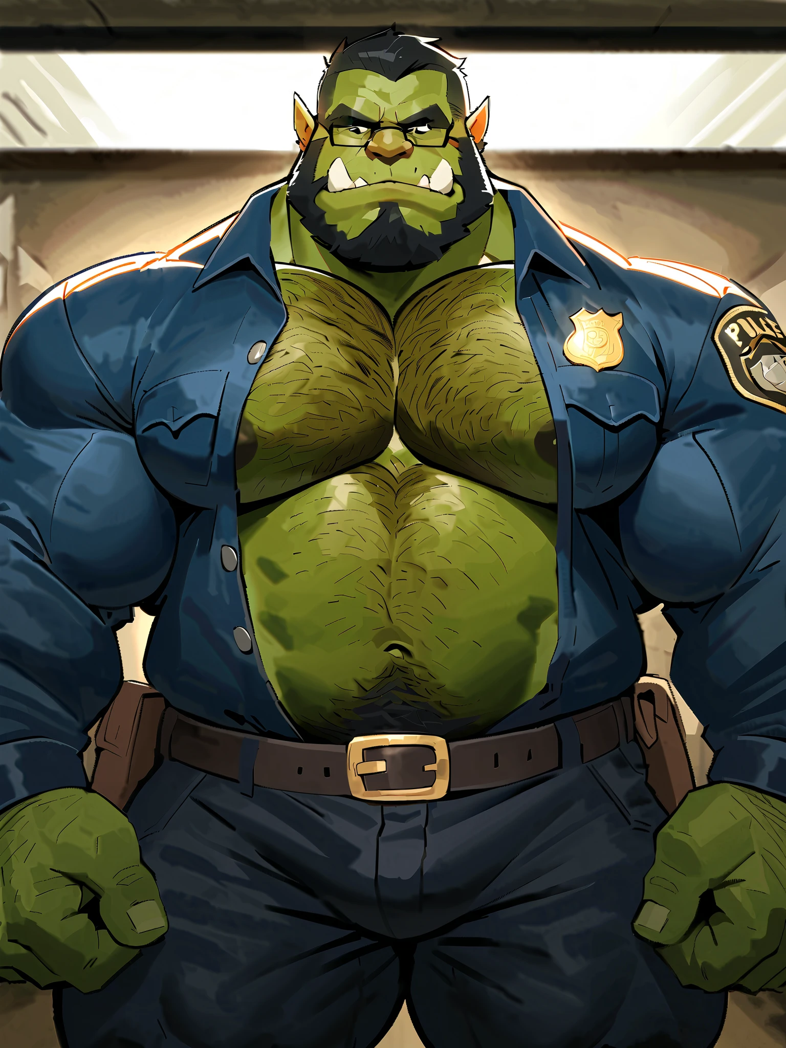 Green skinned bara orc, very large pecs, strong physique, very muscular with a belly, belly, alpha male, perfect anatomy, strong square jaw, masterpiece, black bushy beard, black eyes, thick black frame square glasses, lustful eyes looking at viewer, strong jaw, giant biceps, bare chested, long sleeve white dress shirt unbuttoned, loose fitting unbuttoned shirt, hairy pectorals, hairy chest, military orc daddy, small belly, no six pack muscles, solo, oversized police uniform, XXXXL police uniform, broad waistband, thick wide leather belt, watch on wrist, big muscle ass, hairy, king Orc, very manly, police officer theme, pulled over by police background, serious expression, grabbing crotch bulge with hand
