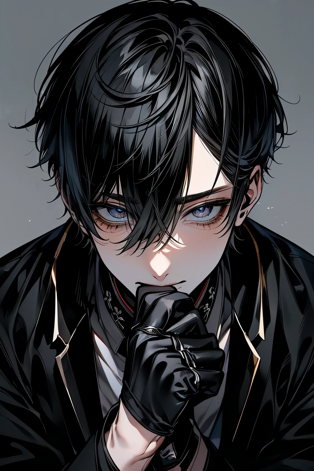 (Mastepiece), (Bestクォリティ), Very detailed, ((One Man:1.5)), Perfect Face, Beautiful Face, Very detailedな顔，Black Hair、shirt、Best、(Hold the black glove in your mouth:1.3)