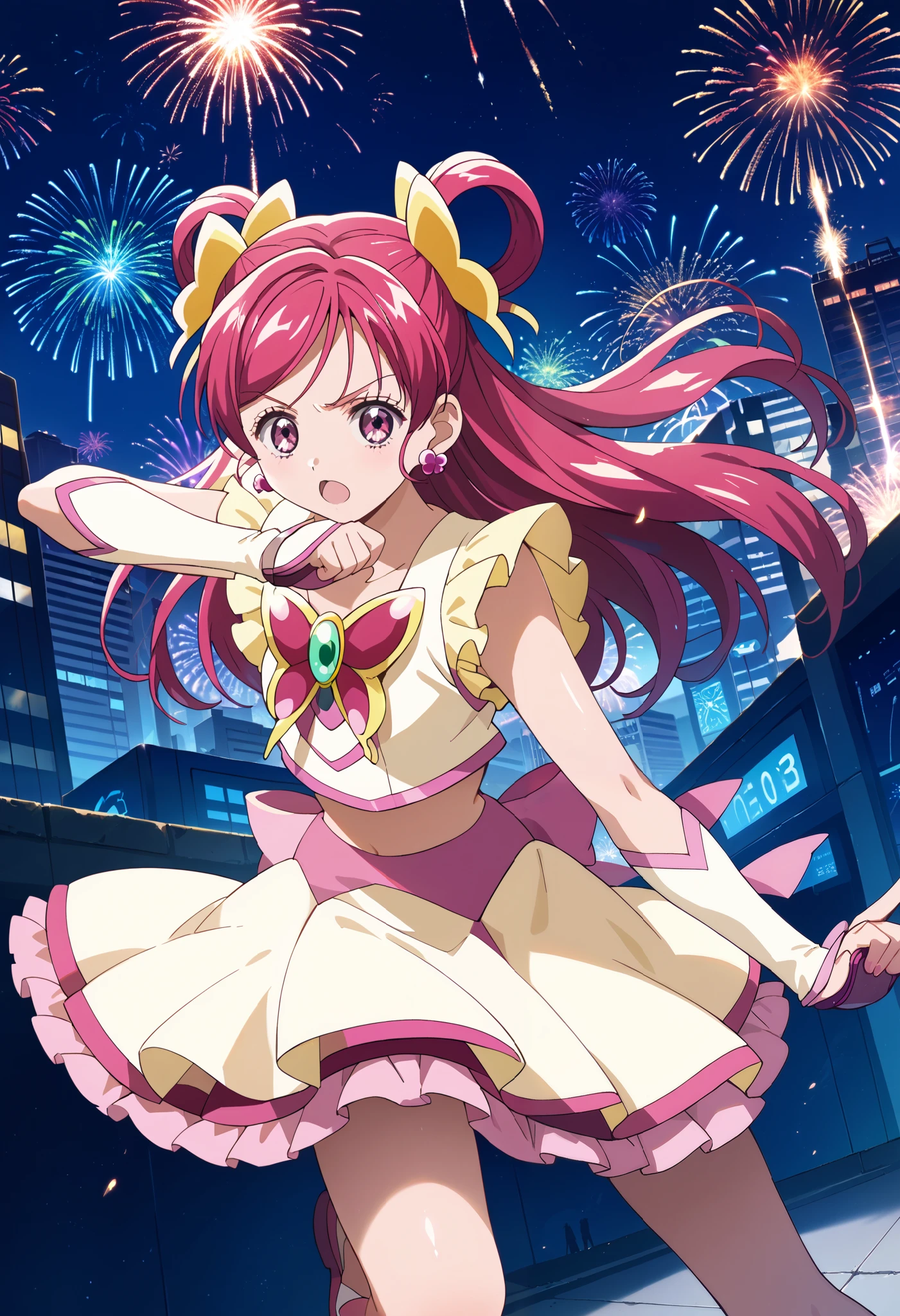 absurd, (absurd_resolution), masterpiece, best quality, (best illustration), (best shadow), ultra-High resolution, score_9, score_8_up, score_7_up, BREAK source_anime, 1girl, solo, ((curedream)), shiny skin, Fighting Stance, anime coloring, night, metropolis, new year, fireworks,