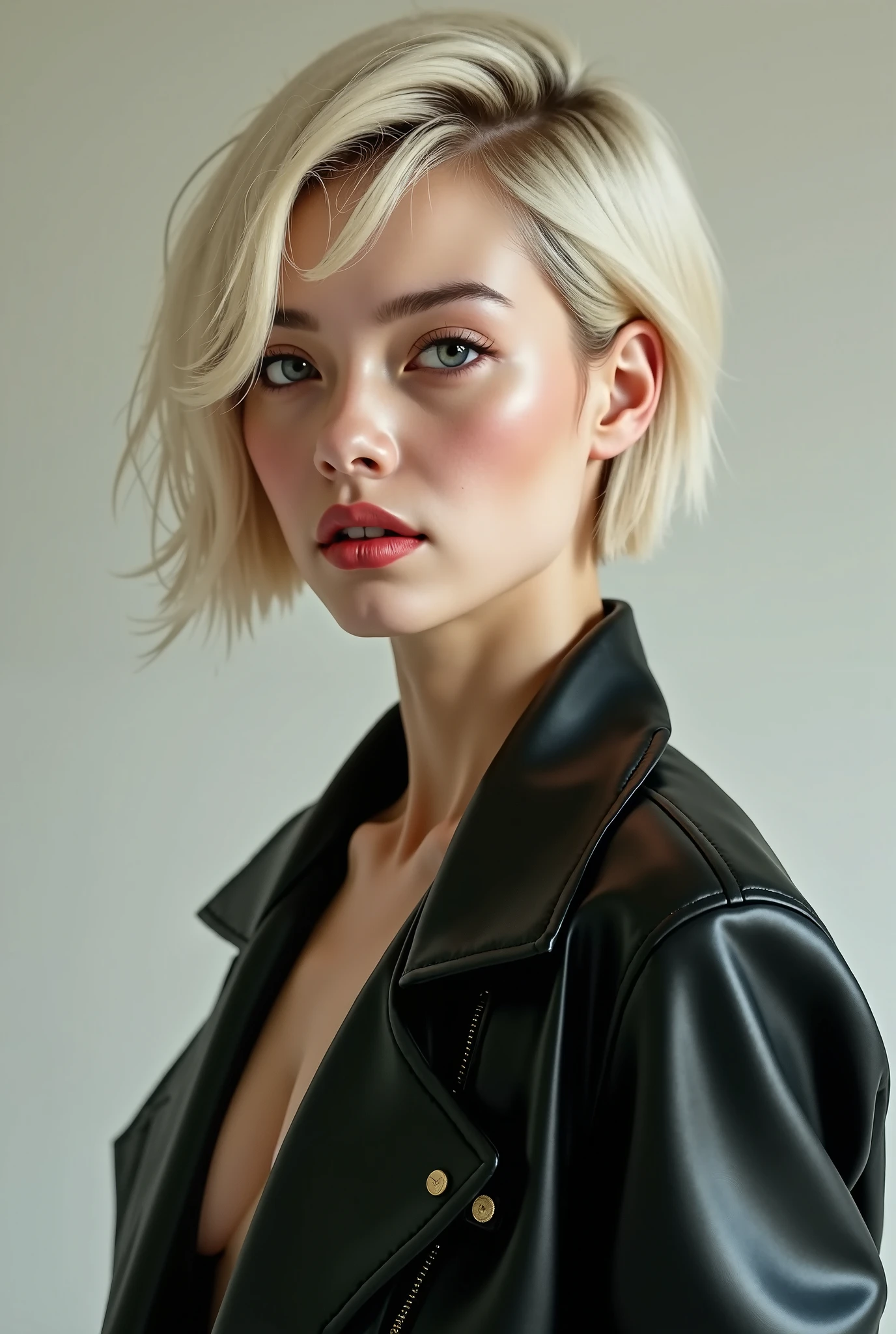 Instagram Photos, French woman, 21 years old, square hair cut,White fur, Tweed jacket, Neckline, pale, Sharp Shadow,whole body,Pure white background