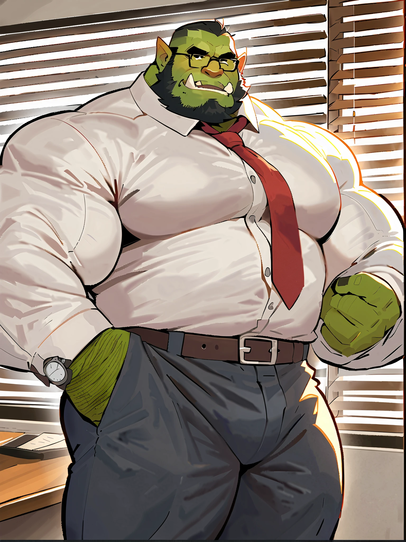 Green skinned bara orc, strong physique, very muscular with a belly, belly, alpha male, perfect anatomy, strong square jaw, masterpiece, black bushy beard, black eyes, thick black frame square glasses, lustful eyes looking at viewer, strong jaw, giant biceps, long sleeve white dress shirt, oversized loose fitting button shirt, military orc daddy, small belly, no six pack muscles, solo, in oversized office slacks, fully clothed, wide leather belt, red tie, oversized suit jacket, oversized fitting black suit, oversized suit jacket, watch on wrist, big muscle ass, great indoor lighting, hairy, king Orc, very manly, boss at work theme, office background, sun shining in from the office window blinds, playful expression, professional