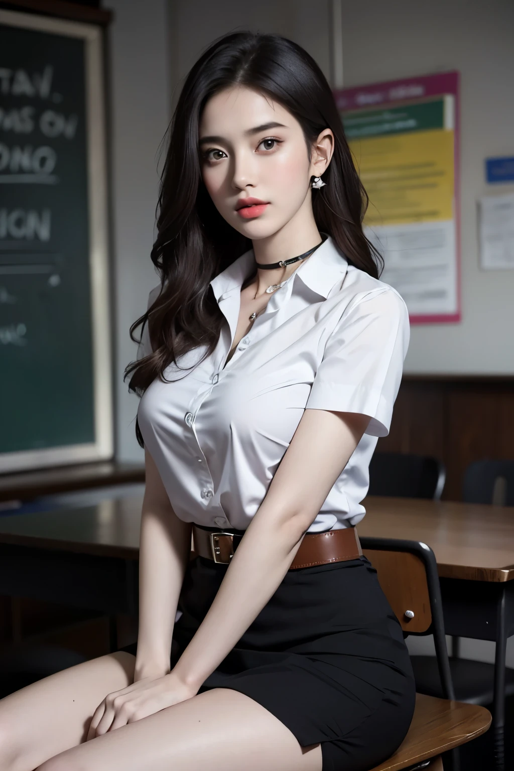(8k,high resolution,Masterpiece, best quality, alone, complicated details, Chromatic aberration), realistic, ((Moderate breath)), hair in one eye,purple eyes, big round hoop earrings, sharp eyes, Diamond choker, red gemstone necklace,(symmetrical eyes),(Perfect symmetrical body),Photo of a beautiful 21 year old teenage girl....,(fit the body), ,Beautiful and charming with contemporary fashion paintings as well........, looking at the audience, ((Behind the scenes of a large classroom)), (black short skirt), ((The young woman wore a form-fitting white short-sleeved shirt....., Unbuttoning the buttons, Revealing a little breast..)), ((A short black pencil skirt with a deep slit on the side......)), belt, ((Put your hands down.)),Bob, long hair, Side flatness,,Copper blonde hair, sit, sharp eyeliner, Eye shadow blush with thick eyelashes, Very delicate and beautiful, round chin, Sharp focus, elegant,sitเต็มบนโต๊ะเรียน หันหน้าอ้าขาในระดับสายตา
 อ้าขาออกยกขาข้างขวาขึ้นเหนือขาข้างซ้ายปล่อยขาตามธรรมชาติในระดับสายตา, Separate your legs slightly.. dynamic gesture,
university uniform 
