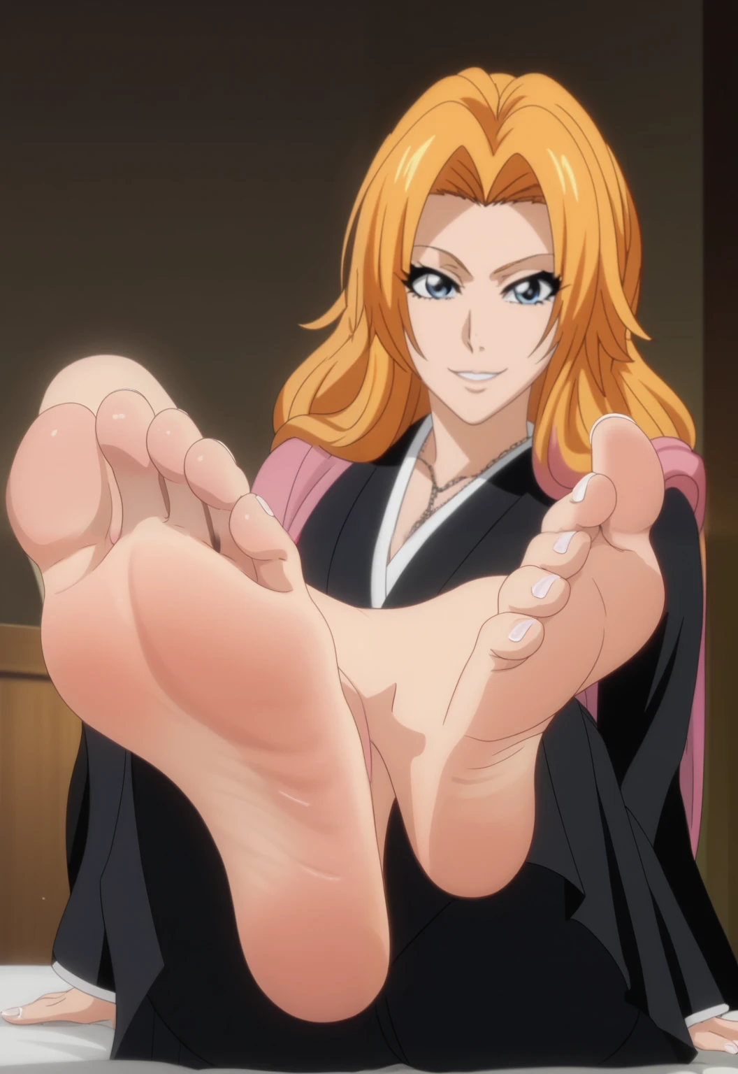 score_9, score_8_up, source_anime,
1girl, Rangiku Matsumoto, big eyes, black kimono, black hakama pants, black underwear, sitting on the bed, in her bedroom, night, low angle, lifting legs to show her soles, alone, looking at viewer, flirty smile, flirty gaze, cowboy shot, ANIME SCREENCAP, anime coloring, barefoot, perfect feet, anatomically correct, soles, focal length 35mm, each foot has five toes, front, symmetrical soles, foot focus, white nail polish