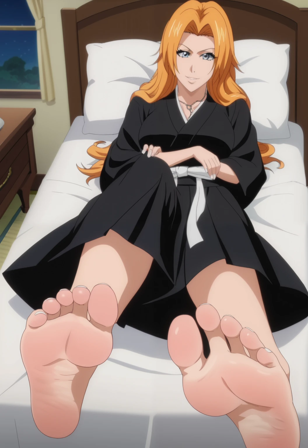 score_9, score_8_up, source_anime,
1girl, Rangiku Matsumoto, big eyes, black kimono, black hakama pants, black underwear, lying on the bed on her stomach, with her back to the viewer, in her bedroom, night, from above, lifting legs to show her soles, alone, looking at viewer, flirty smile, flirty gaze, cowboy shot, ANIME SCREENCAP, anime coloring, barefoot, perfect feet, anatomically correct, soles, focal length 35mm, each foot has five toes, front, symmetrical soles, foot focus, white nail polish
