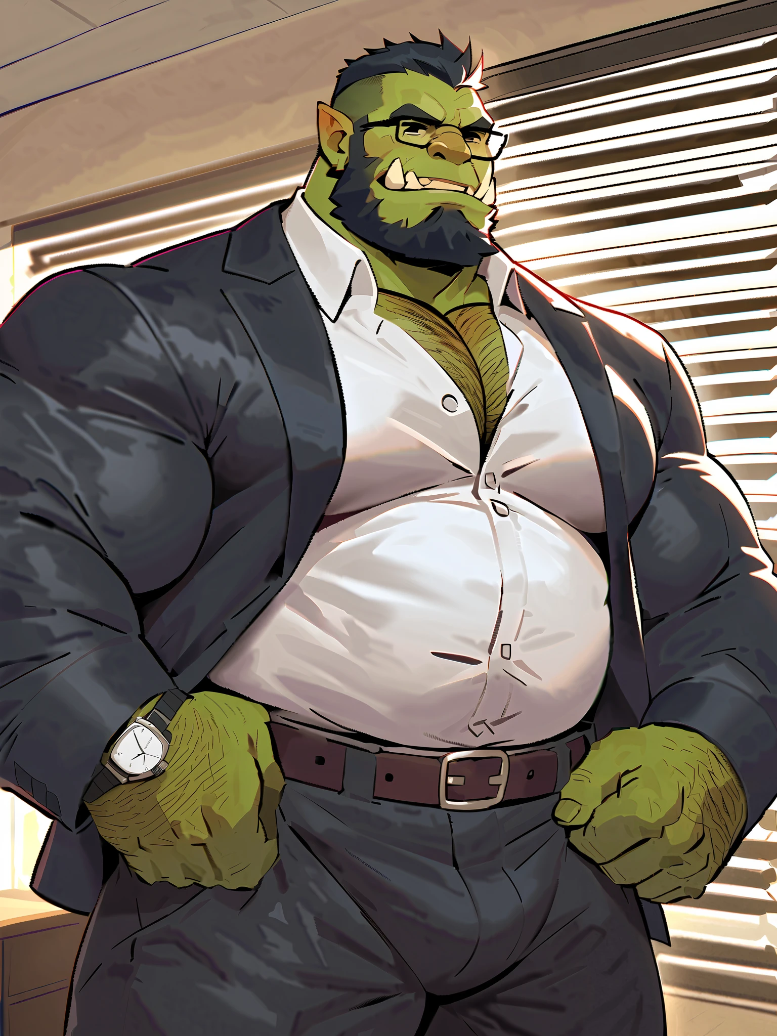 Green skinned bara orc, strong physique, very muscular with a belly, belly, alpha male, perfect anatomy, strong square jaw, masterpiece, black bushy beard, black eyes, thick black frame square glasses, lustful eyes looking at viewer, strong jaw, giant biceps, long sleeve white dress shirt, oversized loose fitting button shirt, military orc daddy, small belly, no six pack muscles, solo, in oversized office slacks, fully clothed, wide leather belt, red tie, oversized suit jacket, oversized fitting black suit, oversized suit jacket, watch on wrist, big muscle ass, great indoor lighting, hairy, king Orc, very manly, boss at work theme, office background, sun shining in from the office window blinds, playful expression, professional
