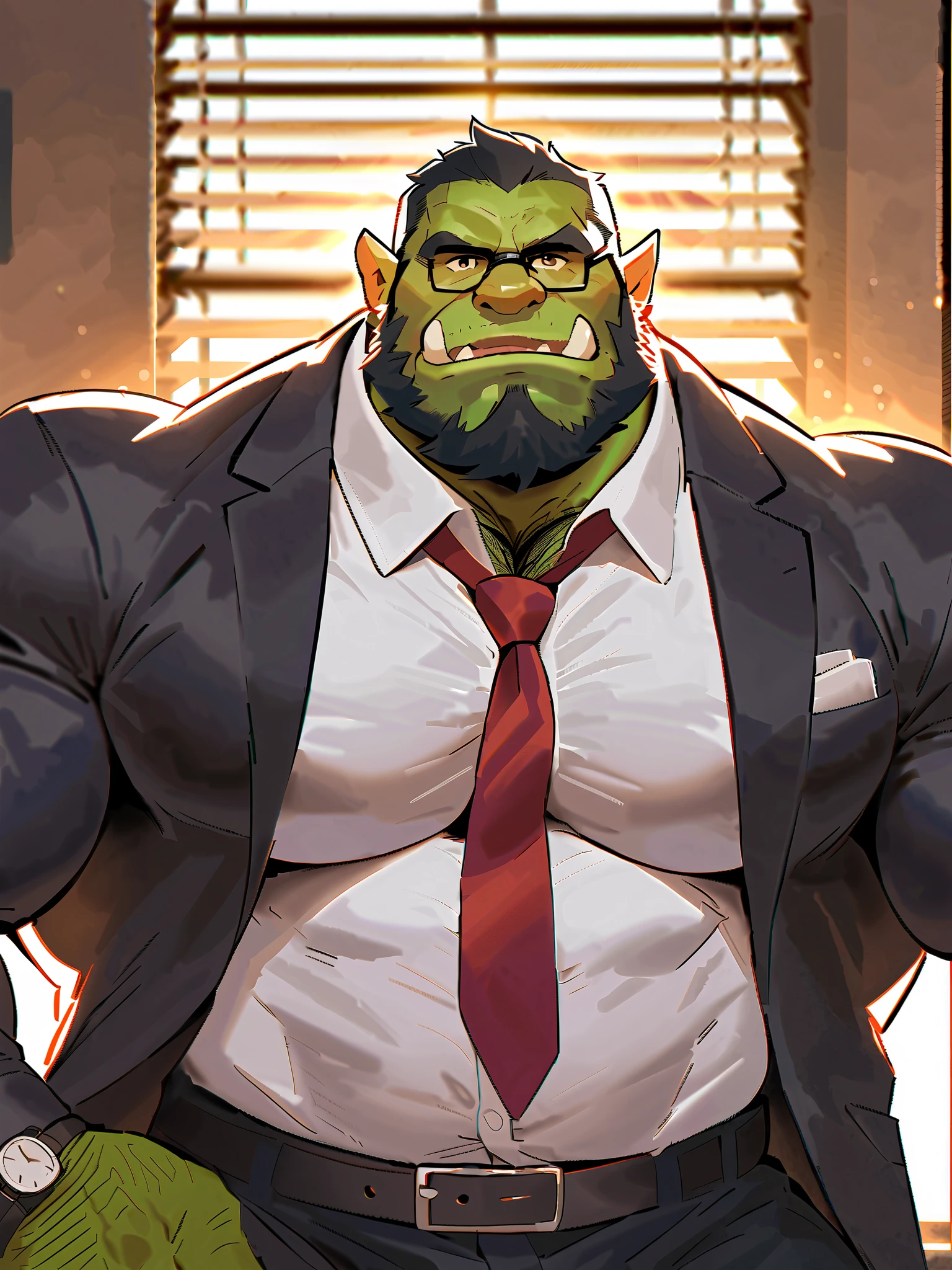 Green skinned bara orc, strong physique, very muscular with a belly, belly, alpha male, perfect anatomy, strong square jaw, masterpiece, black bushy beard, black eyes, thick black frame square glasses, lustful eyes looking at viewer, strong jaw, giant biceps, long sleeve white dress shirt, oversized loose fitting button shirt, military orc daddy, small belly, no six pack muscles, solo, in oversized office slacks, fully clothed, wide leather belt, red tie, oversized suit jacket, oversized fitting black suit, oversized suit jacket, watch on wrist, big muscle ass, great indoor lighting, hairy, king Orc, very manly, boss at work theme, office background, sun shining in from the office window blinds, playful expression, professional