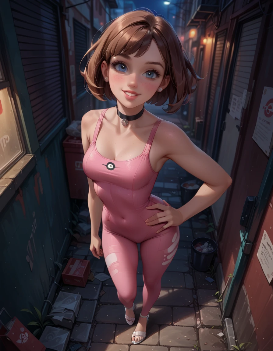 Helen Parr, 1 girl, brown hair, eyes browns, peace sign, uniforme incredible red, Tilt your head, cowboy shot, very big tits, (breasts marking), big-ass, beautiful curves, coxas nuas, nice legs, 正面, 1 girl, standing alone, gazing at viewer, all-body, pose, best quality, no flaws