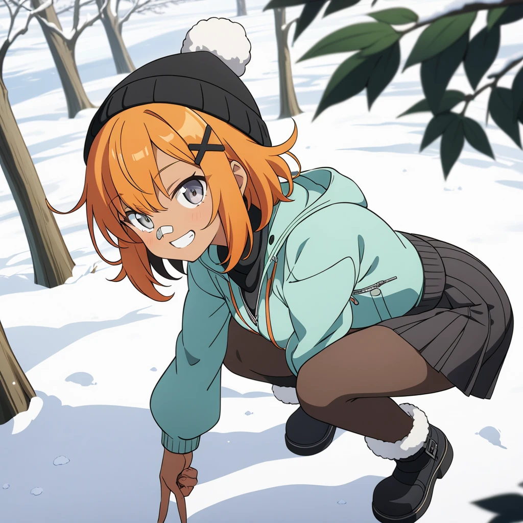 Scott Pilgrim orange hair shirt jacket thick eyebrows Canada Super huge breasts breast enlargement standing alone in the snow looking at the camera smiling full-body shot