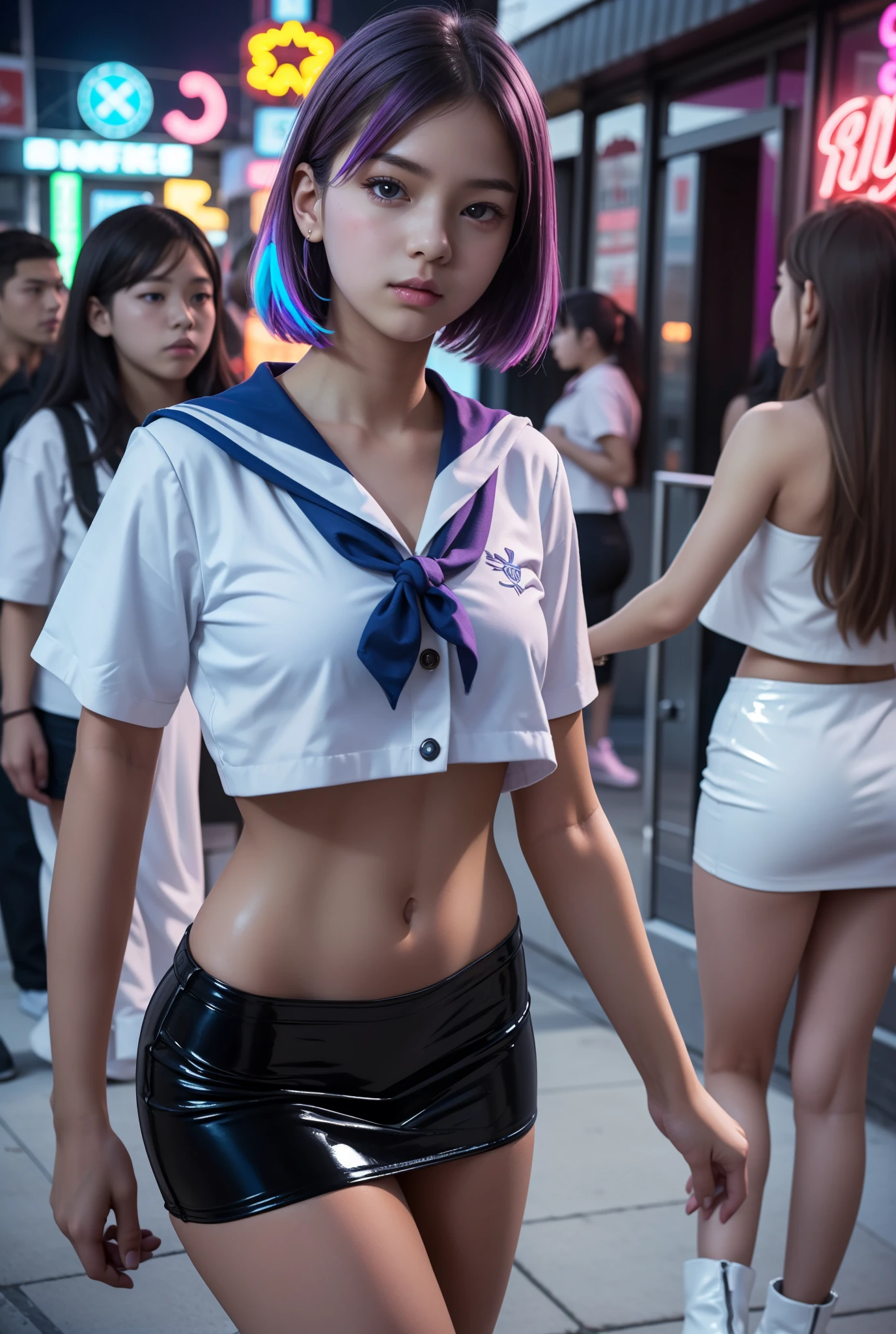 ( highdefinition images、Pro Work 、Artistic、's greatest masterpiece、 Draw Realistically Accurate with Detailed Details 、 Detailed texture :1.2)、( beautiful17-year-old girl、Beautiful girl with purple hair、Small chin、 big eyes、 Feeling slightly apart between eyes 、( big eyes)、 beautiful鼻、Thick lips、(Slim Full Body 、long legs and arms 、 white sailor suit、dark blue miniskirt、Figure of a female high school student 、White latex boots:1.4)、(( slender body、The background is a glowing colorful neon sign)):1.5)