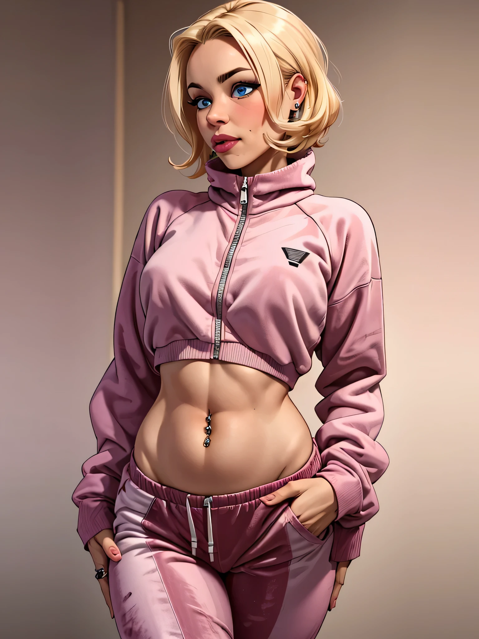 Blonde girl with short hair, blue eyes, wearing A pink velvet sweatsuit set, wearing a sweatshirt showing the belly, wearing a belly button piercing, wearing pink velvet pants that are part of the sweatshirt 