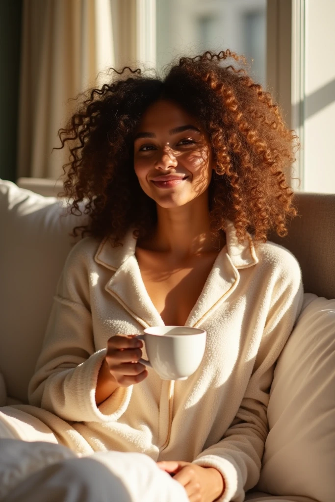 (photorealism:1.2), beautiful woman, long curly hair, smiling, on sofa drinking coffee, relaxed pose, realistic, intricate details, warm colors,