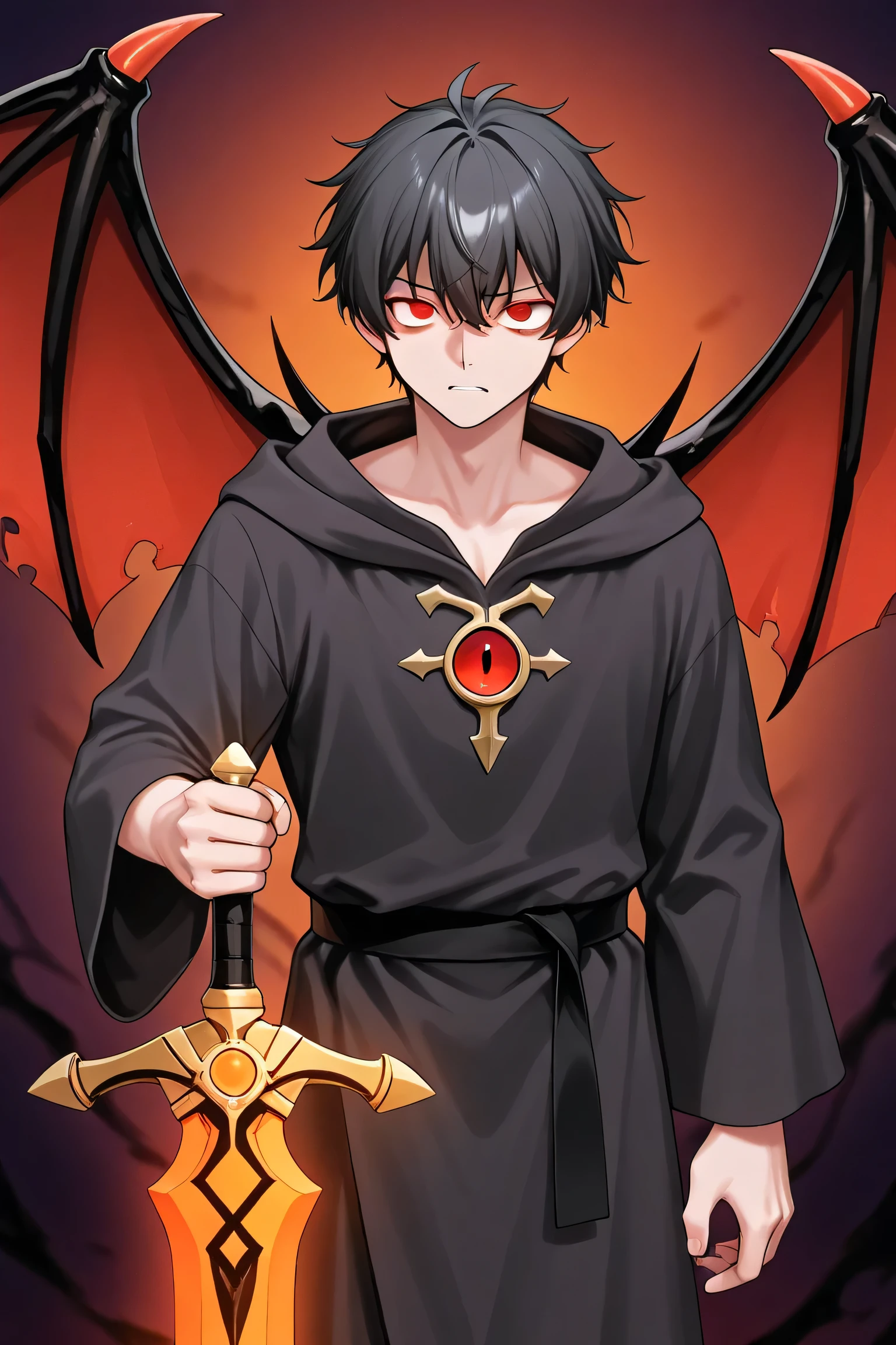 Make me a character of a black-haired, red-eyed male demon, wearing a robe and holding a sword in his hand, possessing the power of darkness and fire.