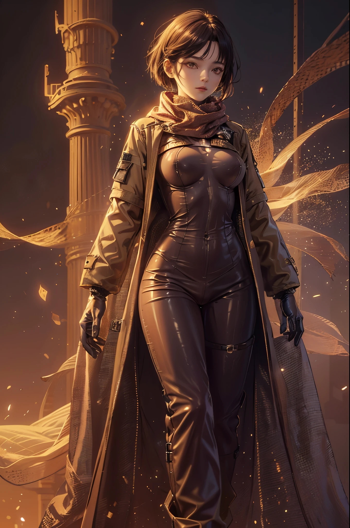 One girl, young girl, curvy, wide hips, dark face, Golden eyes, tight bodysuit,(( long coat with scarf)), nomad, ((tactical gloves)), glow particles, desert, ((short hairs))