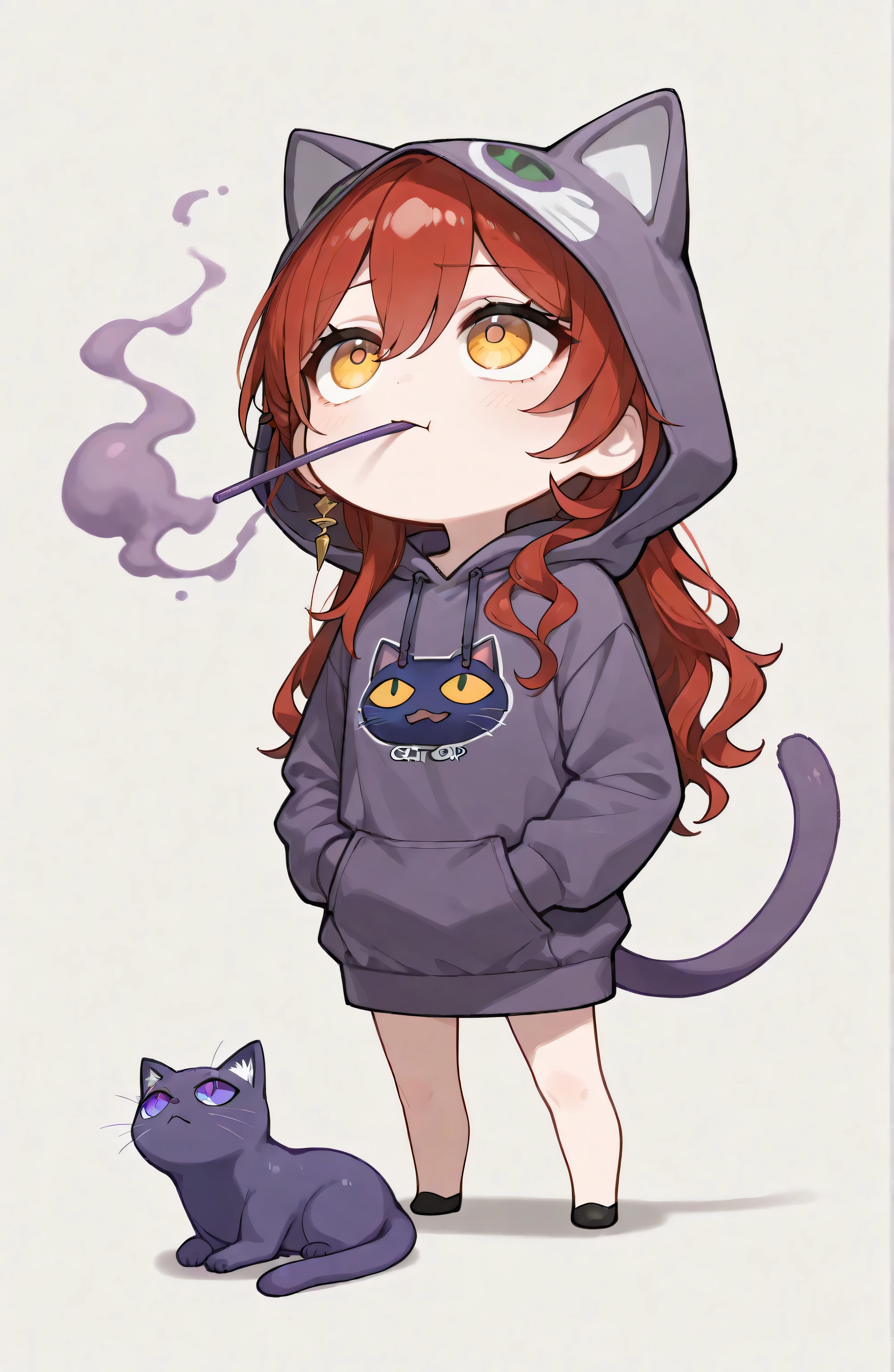 masterpiece, best quality,(Very Simple Drawing:1.2), (Deformation:1.0), (Comical:1.3), solo, himeko \(honkai: star rail\), red hair, long hair, yellow eyes, 1girl\((Chibi:1.4), Beautiful, Young, (purple Cat Hoodie:1.5),(purple Cat ear Hoodie\(cat face printed\):1.5),purple cat-tail,purple eyes,big eyes,detailed pupils, short white straw at mouth,(Good Mood:1.2), (Hands in Pocket:1.0),purple smoke from straw,sit on the ground,rough pose,looking up,looking away\), simple background