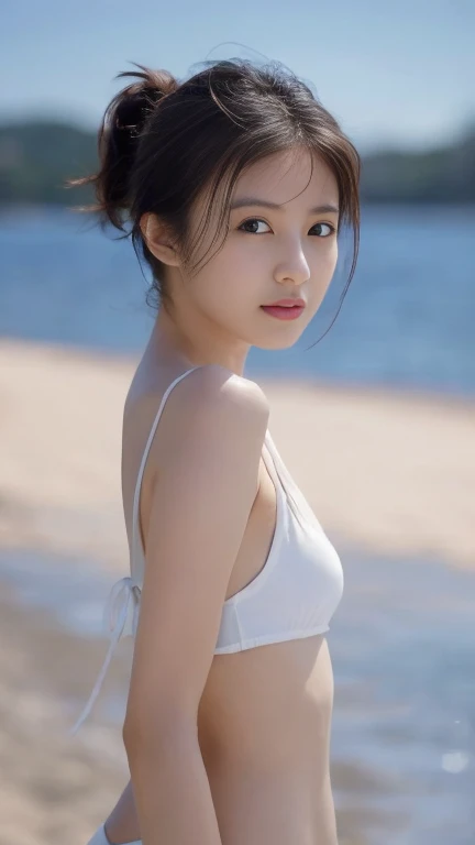 8K、sea the background of, Neat and clean, petite person, See-through transparent clothes, (slim, Small, Flat, Small), Bun hair, Photorealistic, detail, (Detailed skin texture:1.15), Ultra Detail, delicate sexy collarbone, Smile, Super Detailed Face, Detailed lips, Detailed eyes, 13 years old girl, Delicate eyebrows, Little baby face, Professional Photography, South Island Sea, full body