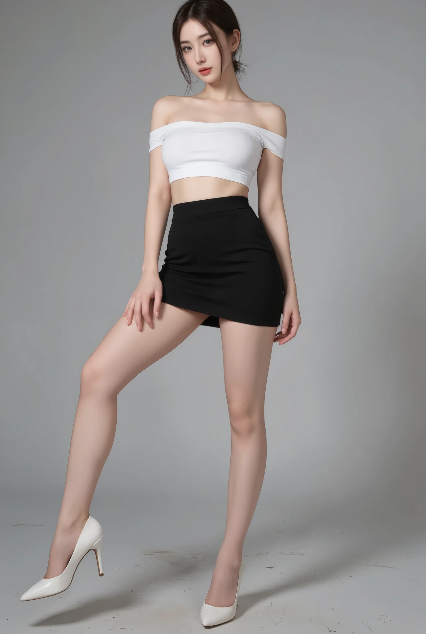 black pubic hair, front view, beautiful, completely naked very skinny russian girl 14 years old, bare thighs, earrings, in two color wrap top, stand in mix shoes heel, Arms crossed, white background, photorealistic