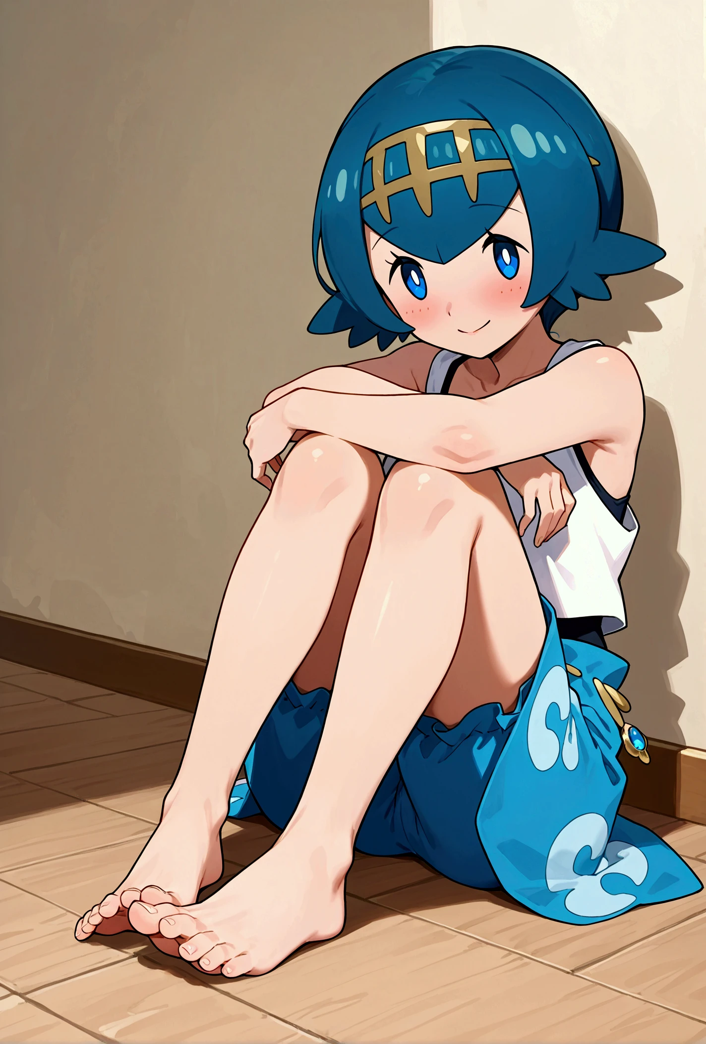 Pokemon Lana 　barefoot　 sitting 　barefootを近づける。　I'm holding a マリル doll。