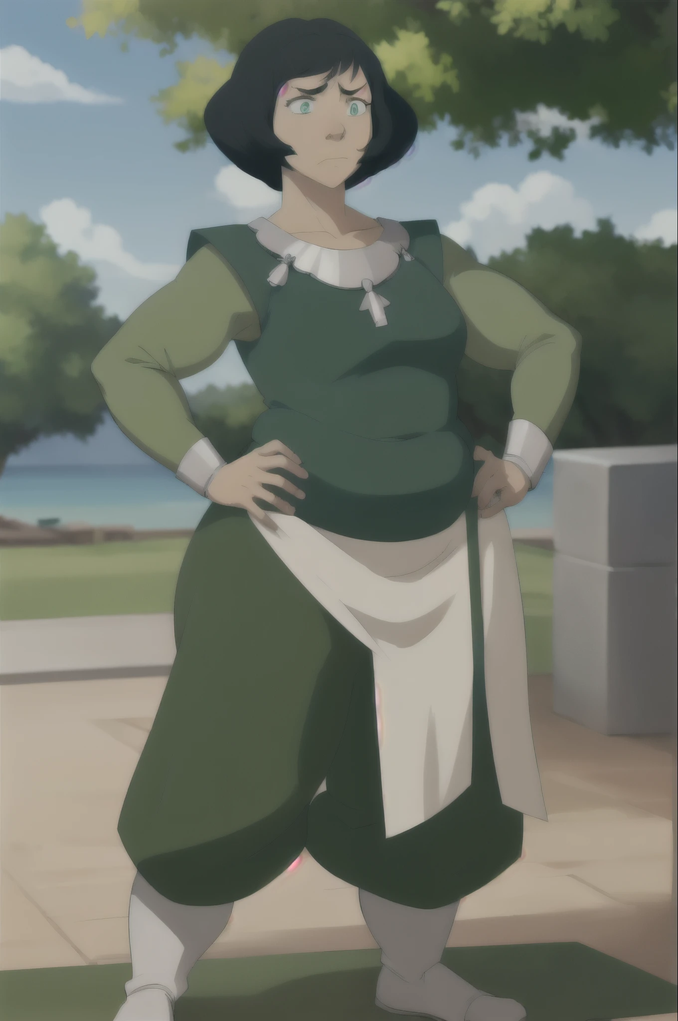 ((masterpiece,best quality)), absurdres, Opal Korra, embarrassed, not happy, a bit angry, looking at viewer, hand on hip, cowboy shot, outdoors, tree, overweight, chubby, opals green earth kingdom outfit. fat/