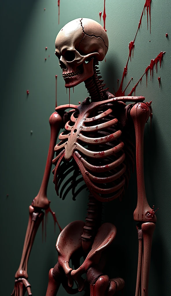 skeleton walkway ,Red nose,black eyes with green rim not perfect,open mouth with yellow teeth full of blood,bottom of mouth black with blood .
It has to be scary