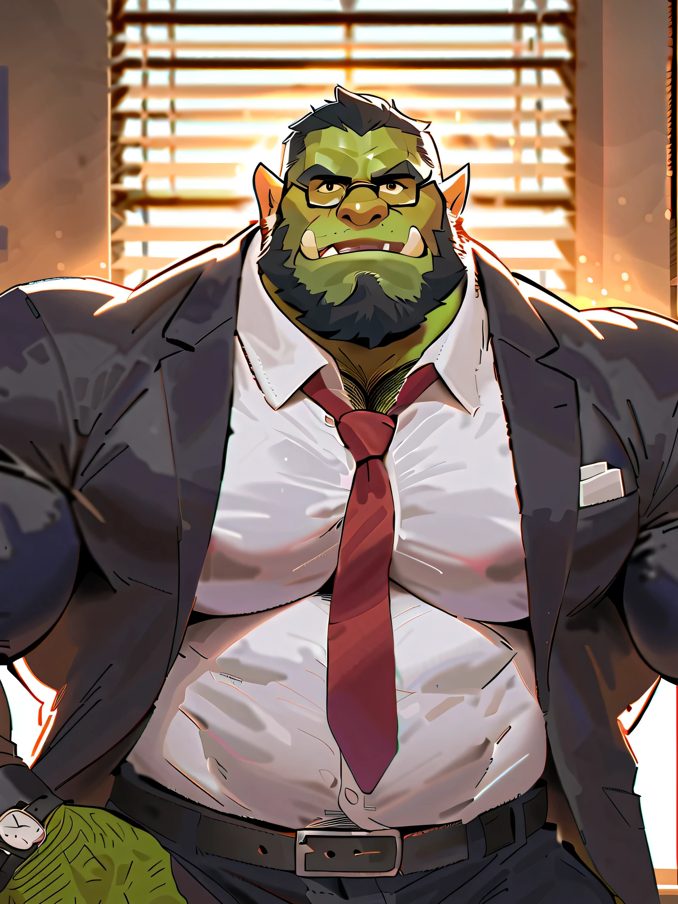 Green skinned bara orc, strong physique, very muscular with a belly, belly, alpha male, perfect anatomy, strong square jaw, masterpiece, black bushy beard, black eyes, thick black frame square glasses, lustful eyes looking at viewer, strong jaw, giant biceps, long sleeve white dress shirt, oversized loose fitting button shirt, military orc daddy, small belly, no six pack muscles, solo, in oversized office slacks, fully clothed, wide leather belt, red tie, oversized suit jacket, oversized fitting black suit, oversized suit jacket, watch on wrist, big muscle ass, great indoor lighting, hairy, king Orc, very manly, boss at work theme, office background, sun shining in from the office window blinds, playful expression, professional