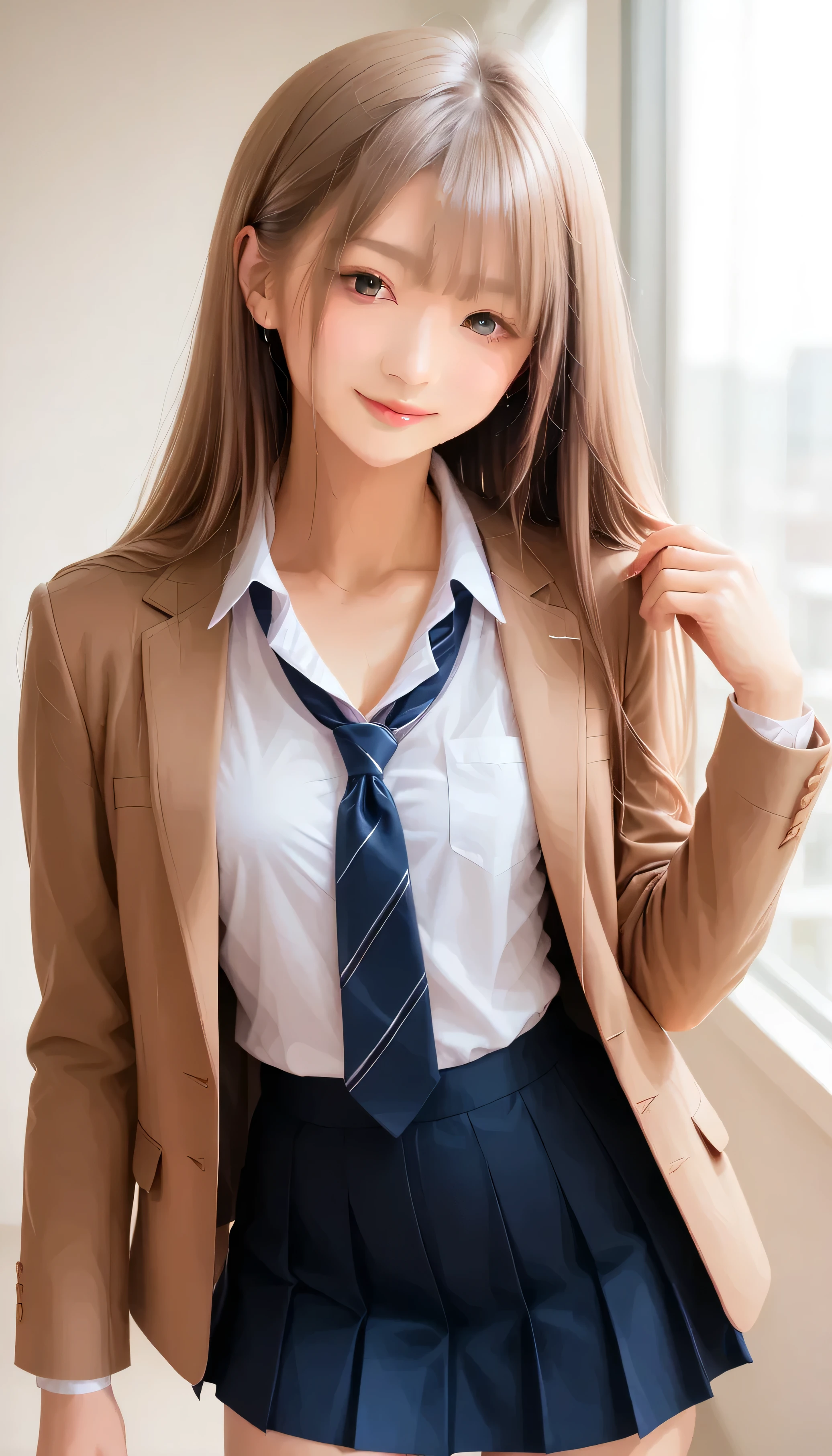  score_9, score_8_up, score_7_up, super detailed,    Hausmo style    , 【32K,  masterpiece ,   top quality, super high definition ,     Beautiful face and eye details， with curved forward curve  ,    Beautiful Japanese woman    ,  Blonde woman, Invalid ,Smile,  steam,    school uniforms,    Suit Jacket,     with modern style fit jacket , short skirt and leggings ,   place your hand on the back   ,  full chest  ,   lean forward  ,  It bends to  。 from  ,   pinhole viewer  ,[town