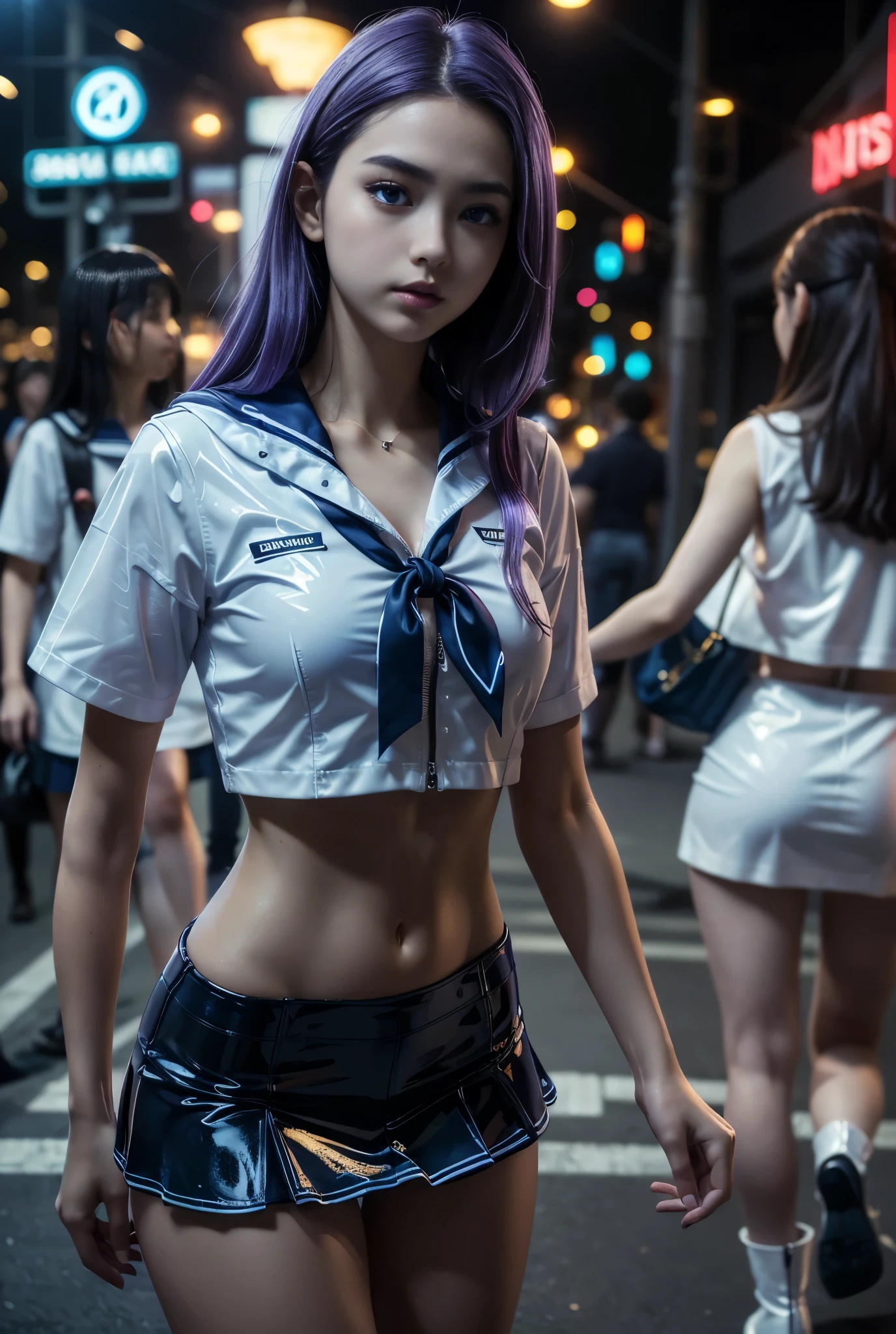 ( highdefinition images、Pro Work 、Artistic、's greatest masterpiece、 Draw Realistically Accurate with Detailed Details 、 Detailed texture :1.2)、( beautiful17--old l、Beautiful girl with purple hair、Small chin、 big eyes、 Feeling slightly apart between eyes 、(Blue Eyes、 big eyes)、 beautiful鼻、Thick lips、(Slim Full Body 、long legs and arms 、 white sailor suit、dark blue miniskirt、Figure of a female high school student 、White latex boots:1.4)、(( slender body、The background is a glowing digital type )):1.5)