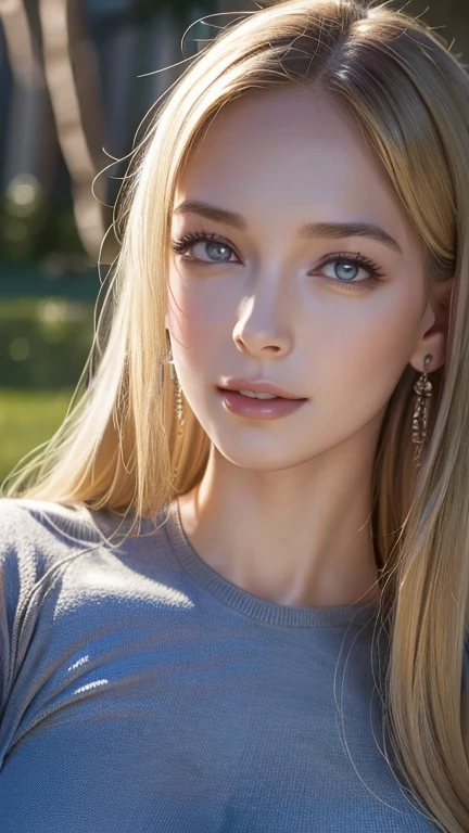 Quality (photo realistic style, UHD, 16k, Textured skin, superdetail,hight resolution), Close-up portrait of a beautiful woman, whitedress, The perfect female face, summer garden in the background, Sunny day
